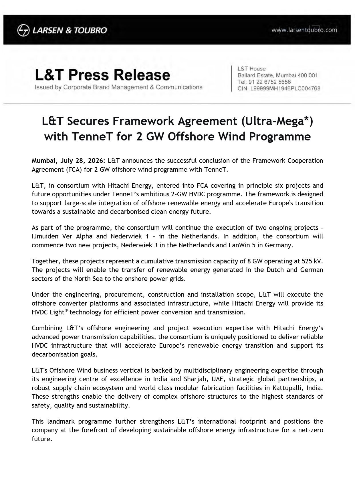 L&T Secures Ultra-Mega Framework Agreement with TenneT for 2 GW Offshore Wind Programme