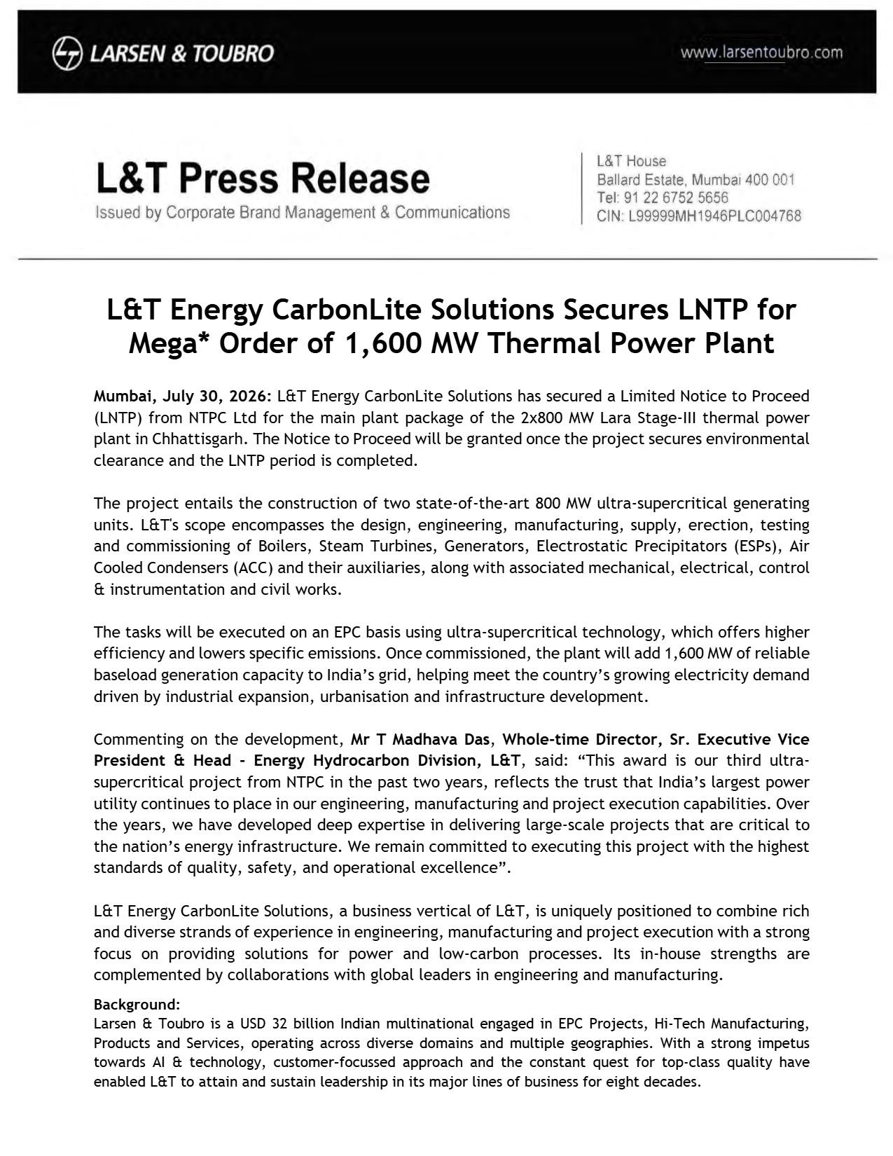 L&T NTPC Lara Stage-III Order