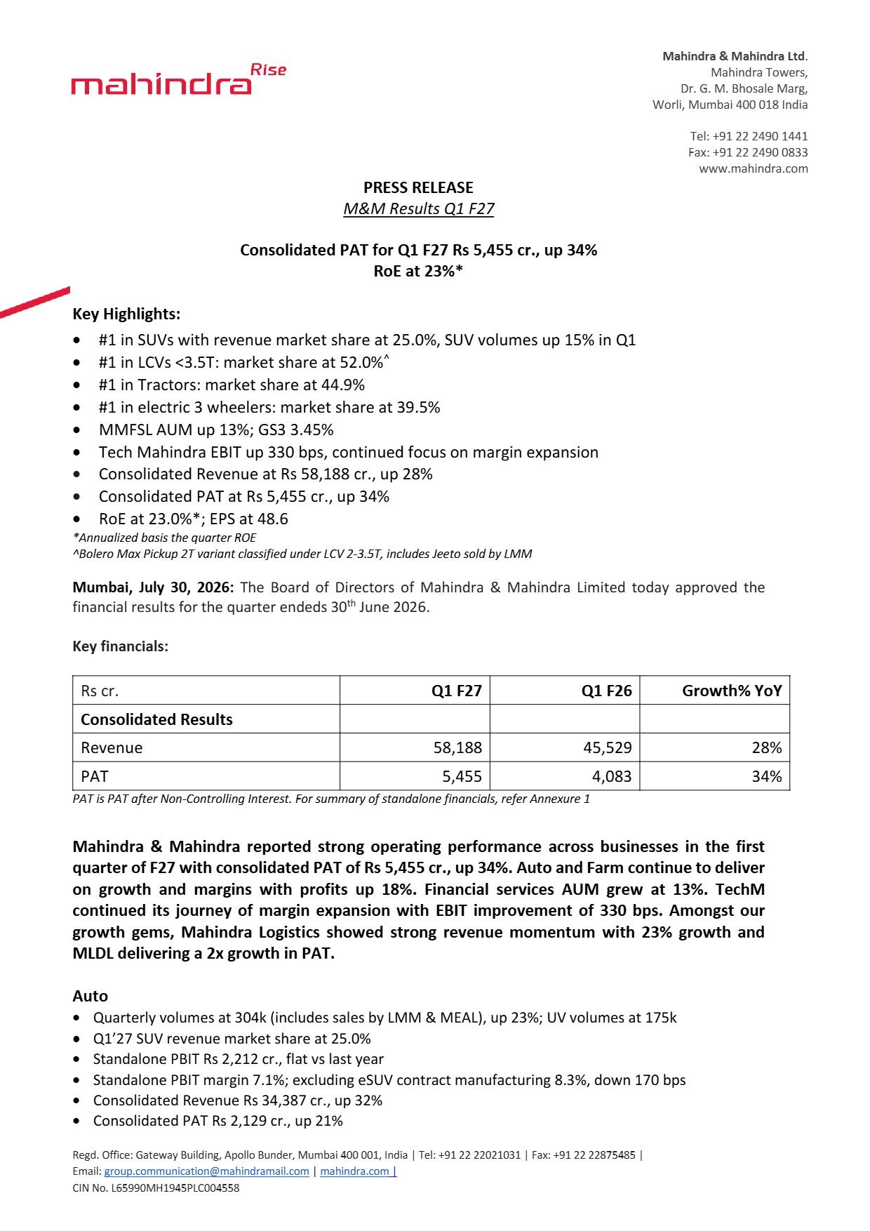 Mahindra Q1 Results