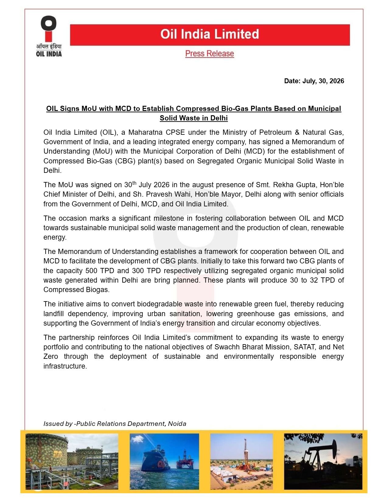 OIL MCD Bio-Gas MoU