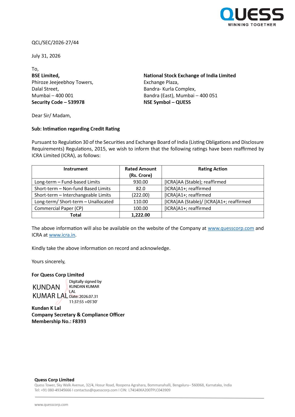 Quess Credit Rating
