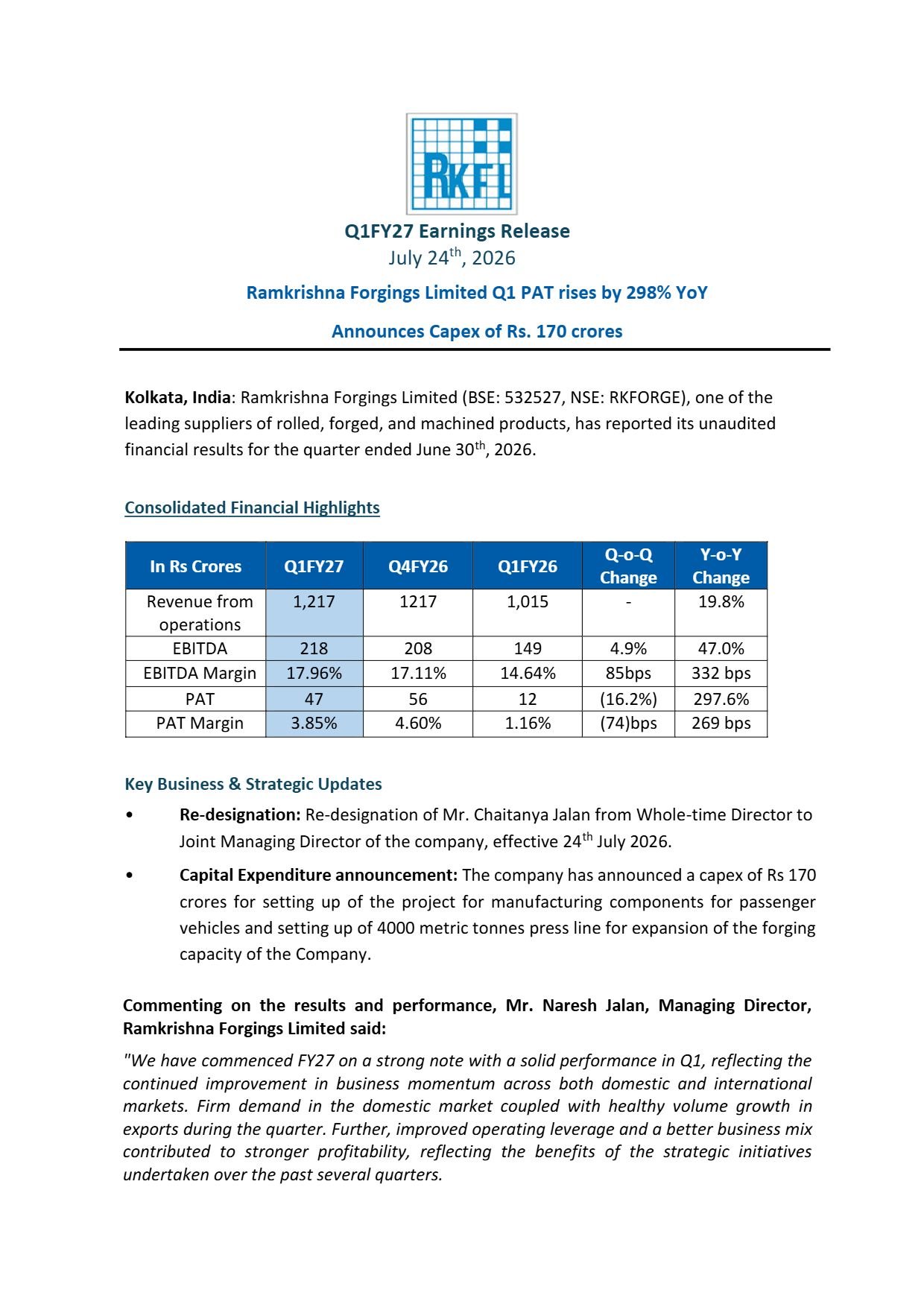 Ramkrishna Forgings Q1 FY27 Results