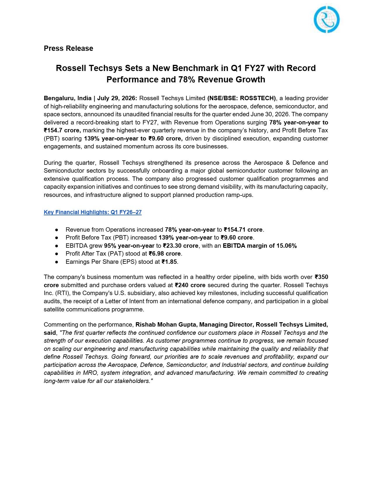 Rossell Techsys Q1 Results