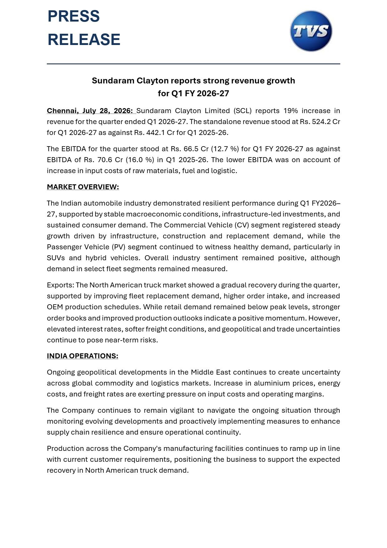 Sundaram Clayton Q1 Results