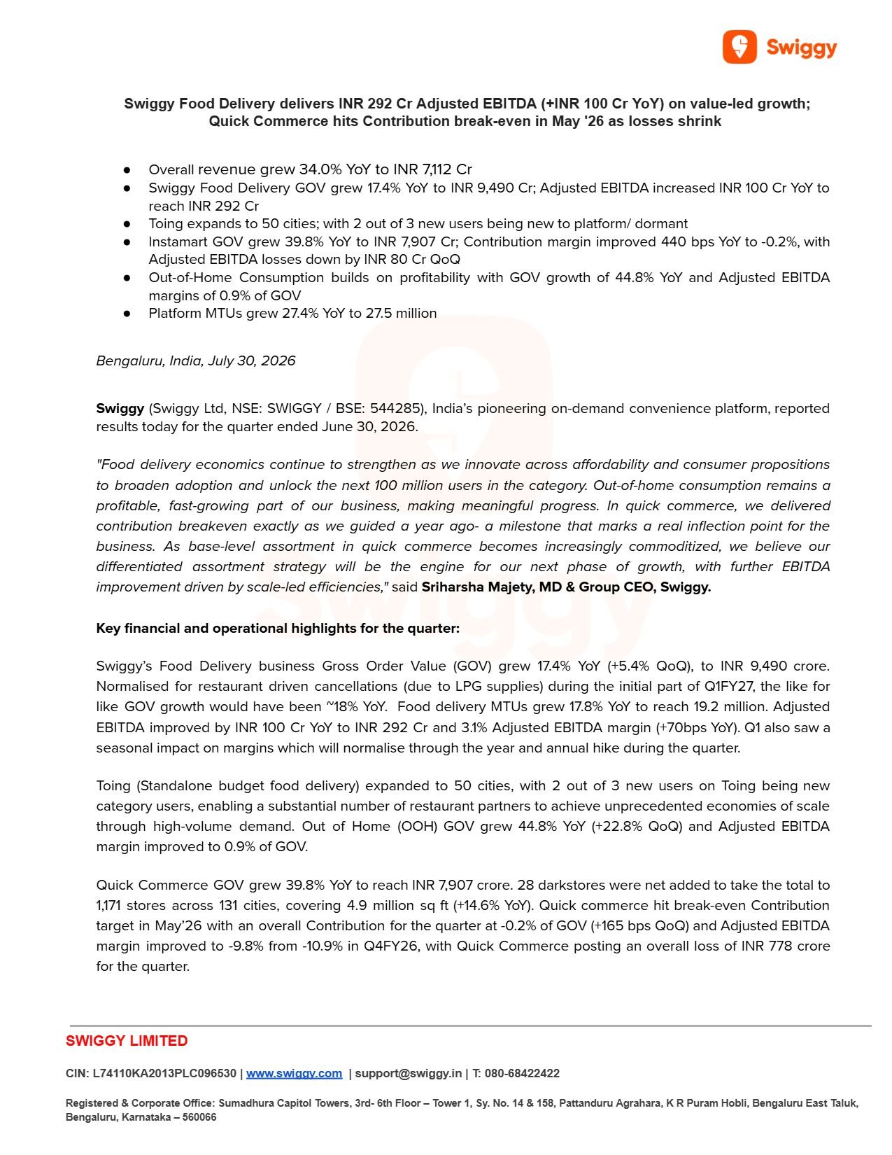 Swiggy Q1 Results