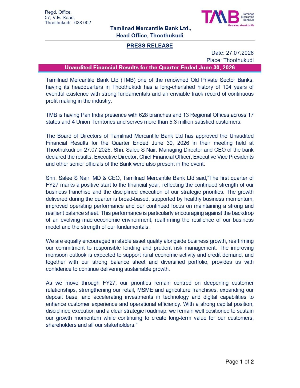 Tamilnad Mercantile Bank Q1 FY27 Results
