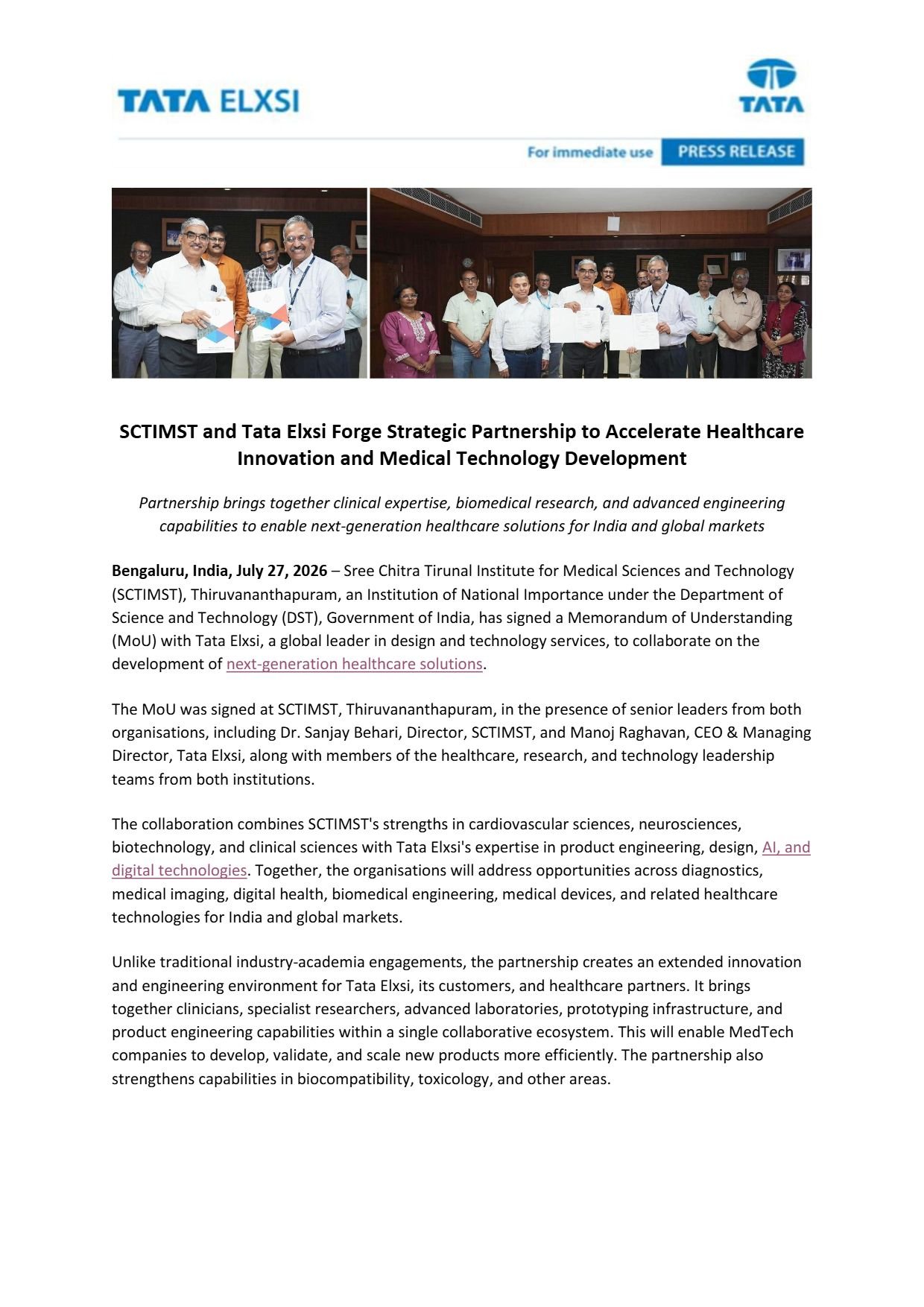 Tata Elxsi SCTIMST Partnership