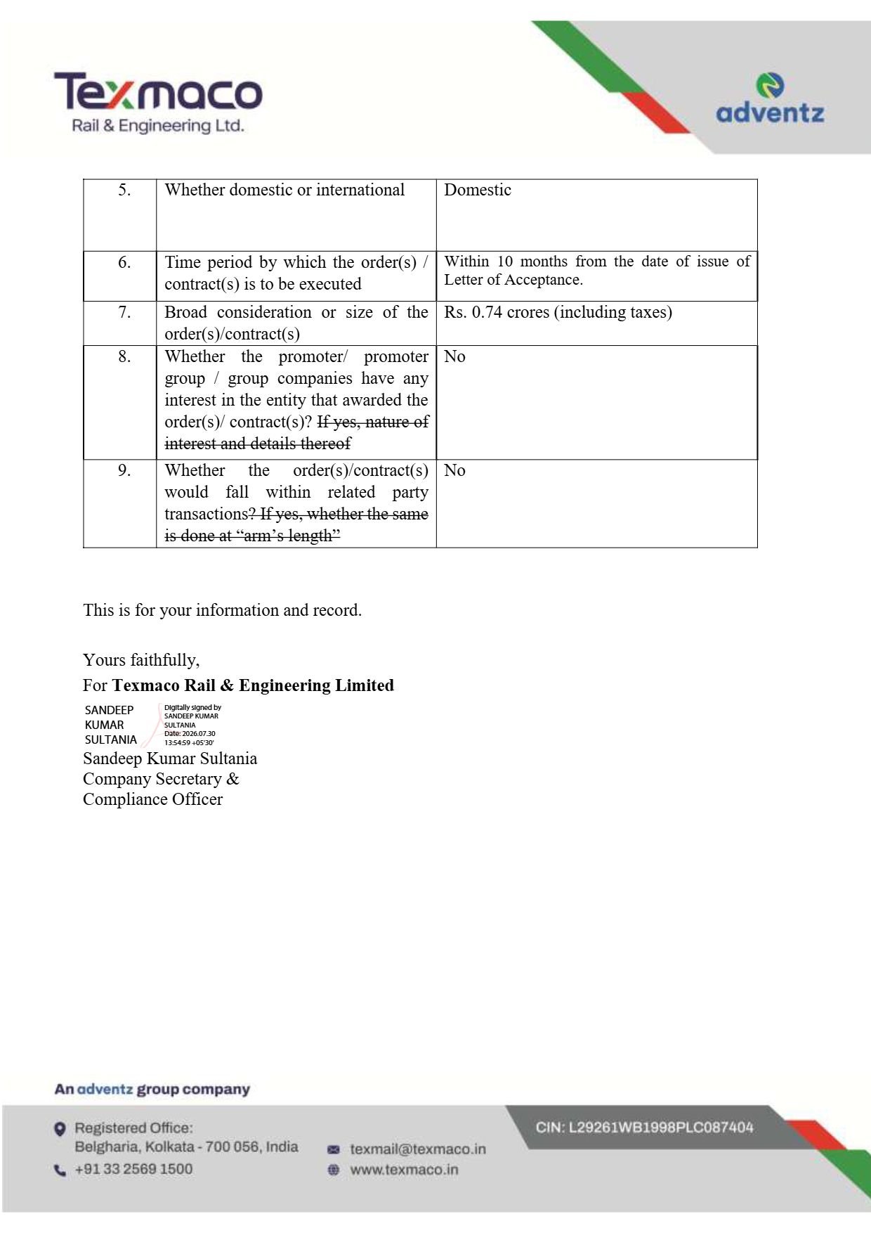 Texmaco Railway Order