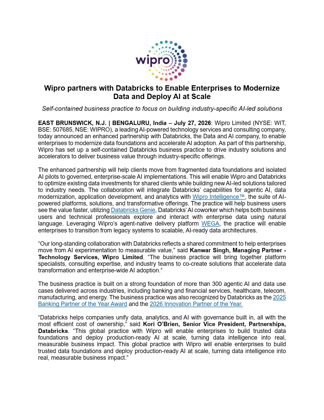 Wipro Databricks Partnership