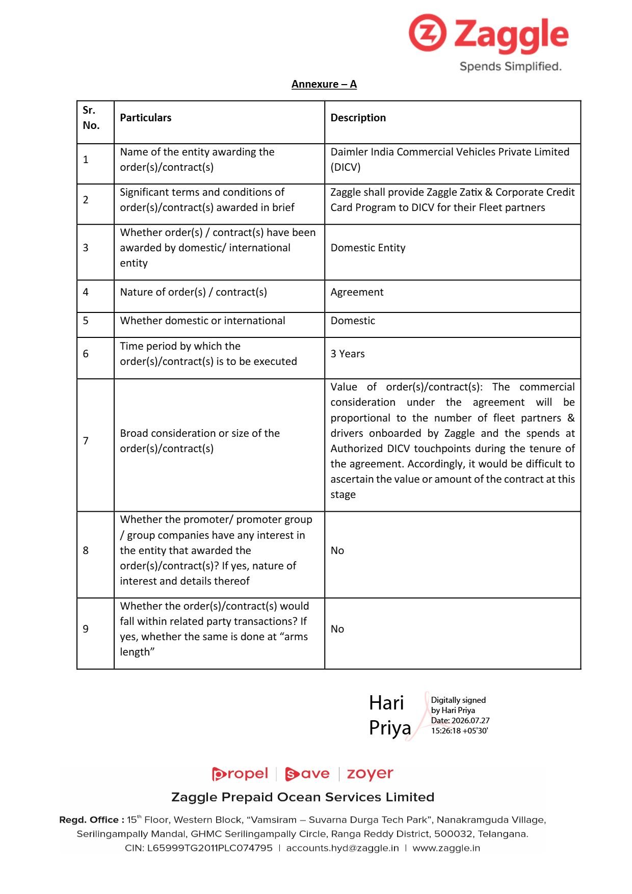 Zaggle Daimler India Commercial Vehicles Agreement