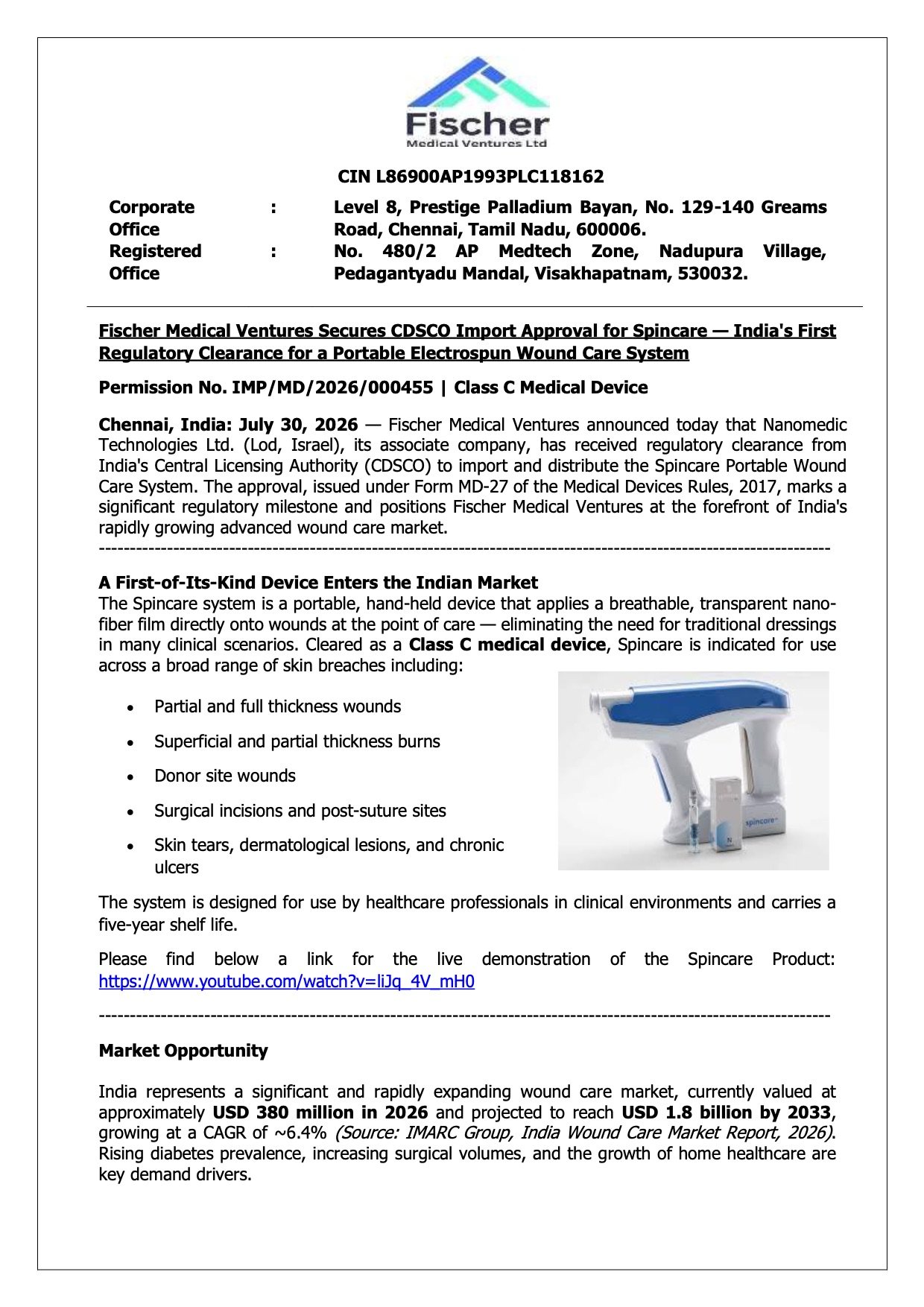 Fischer Medical Spincare CDSCO Approval