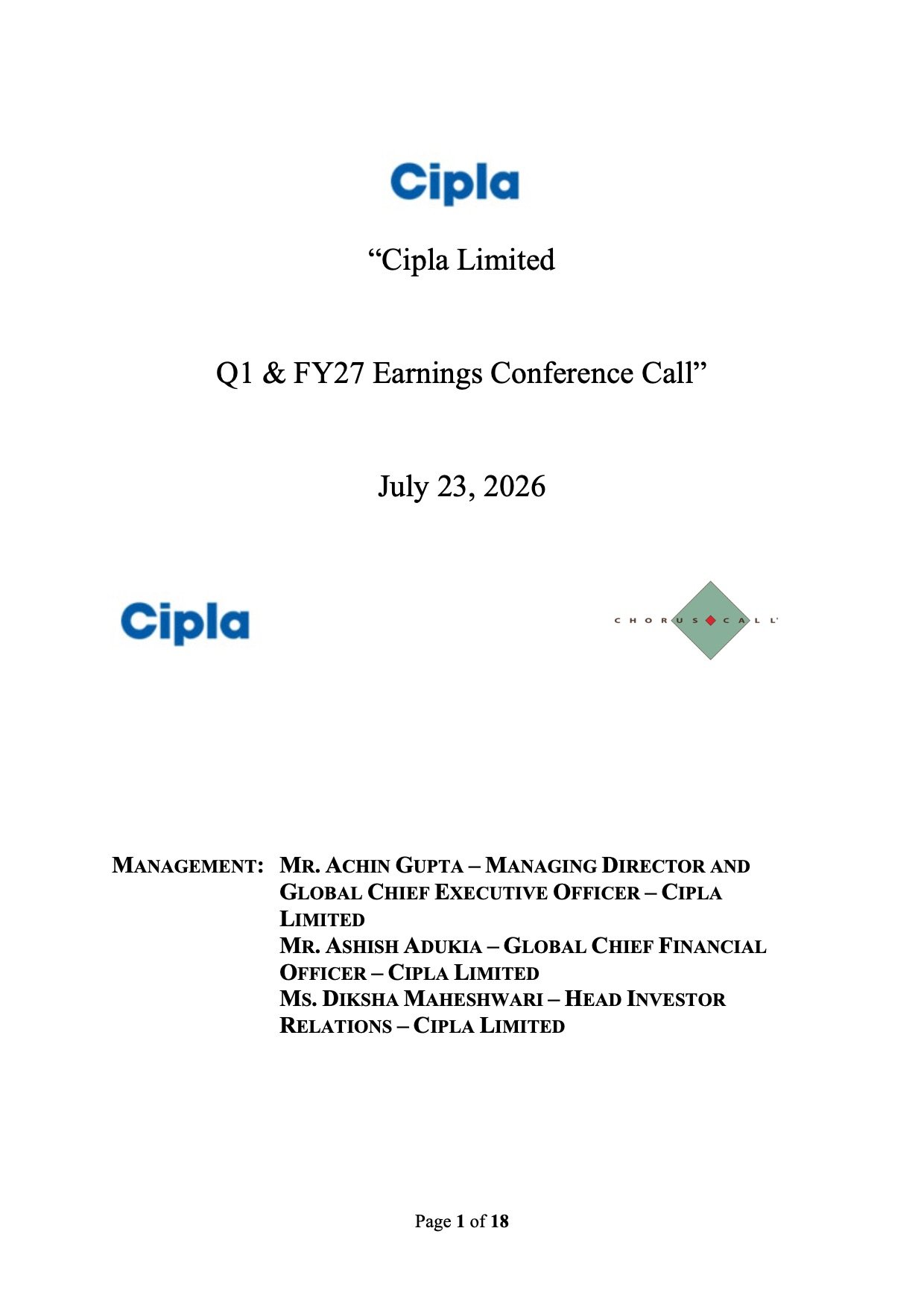 Cipla Q1 FY27 Earnings Call
