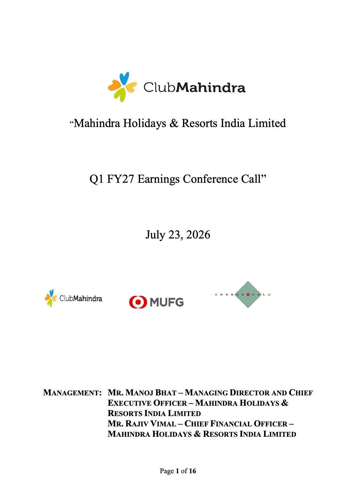 Mahindra Holidays Q1 FY27 Results