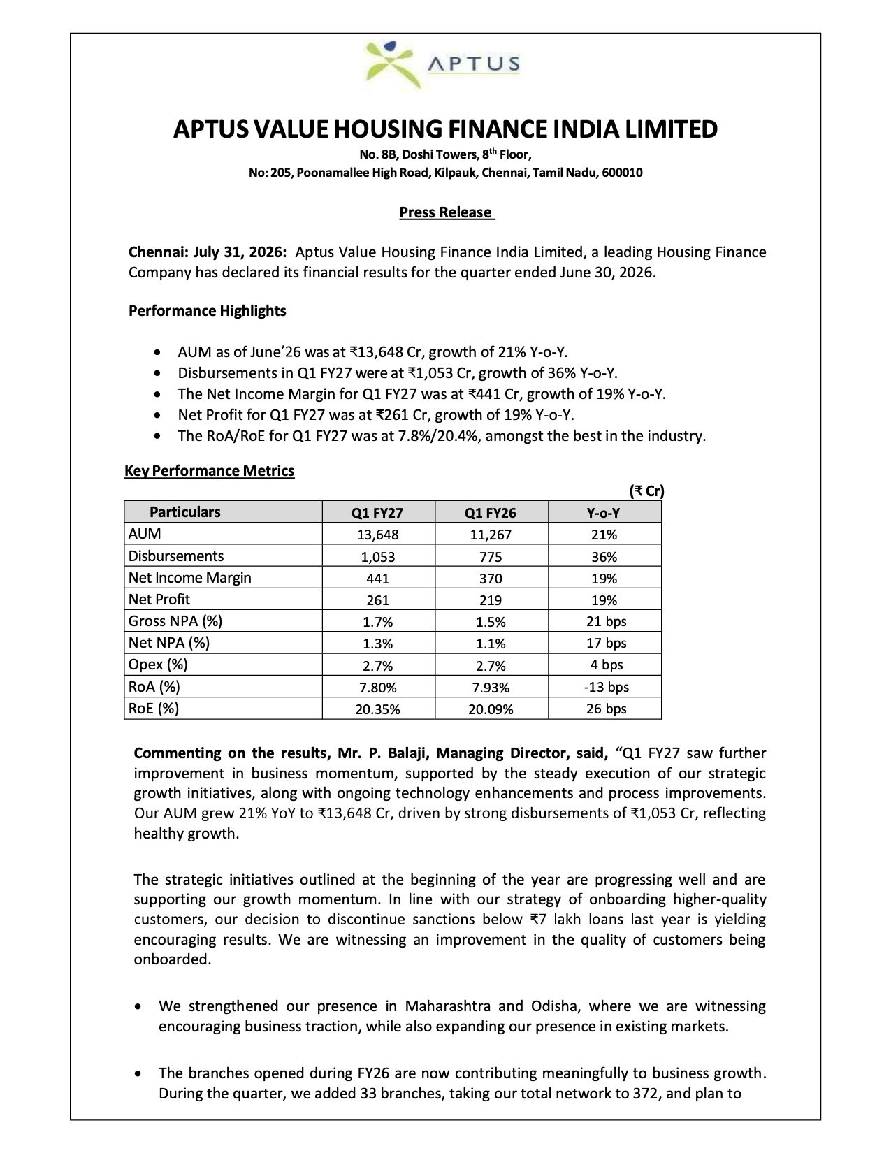 Aptus Value Housing Finance Q1 FY27 Results