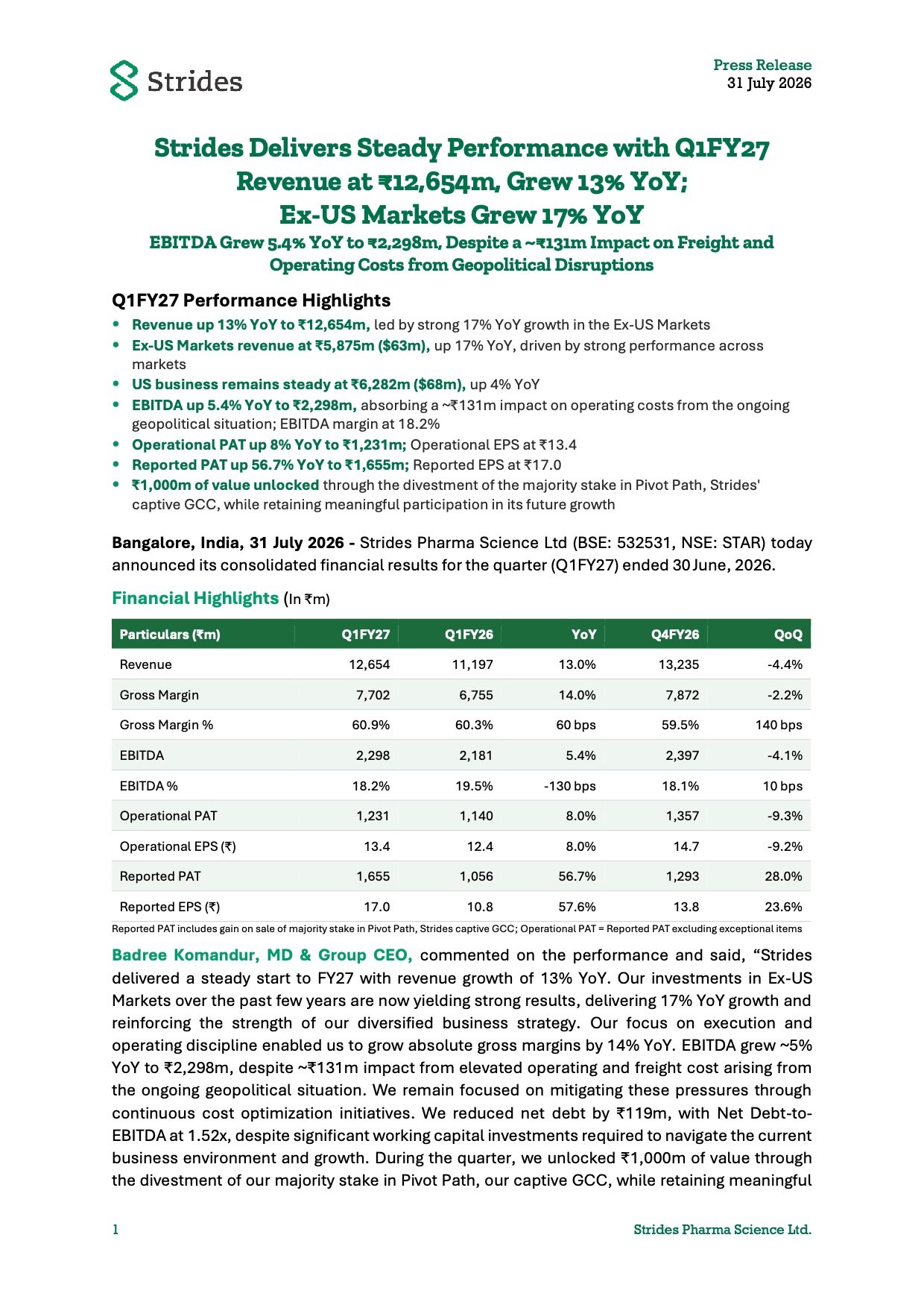 Strides Pharma Q1 FY27 Results
