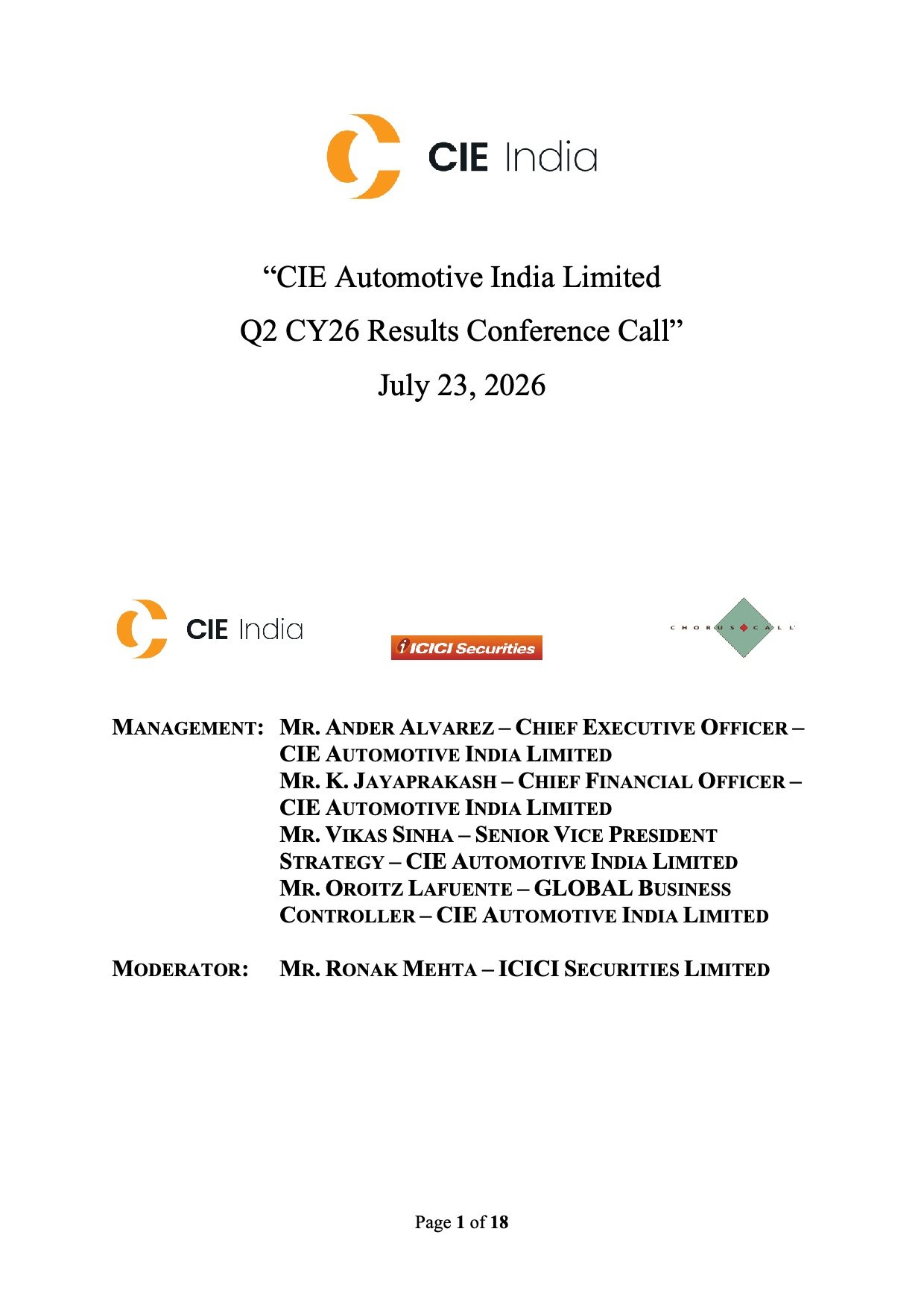 CIE Automotive India Q2 CY2026 Conference Call