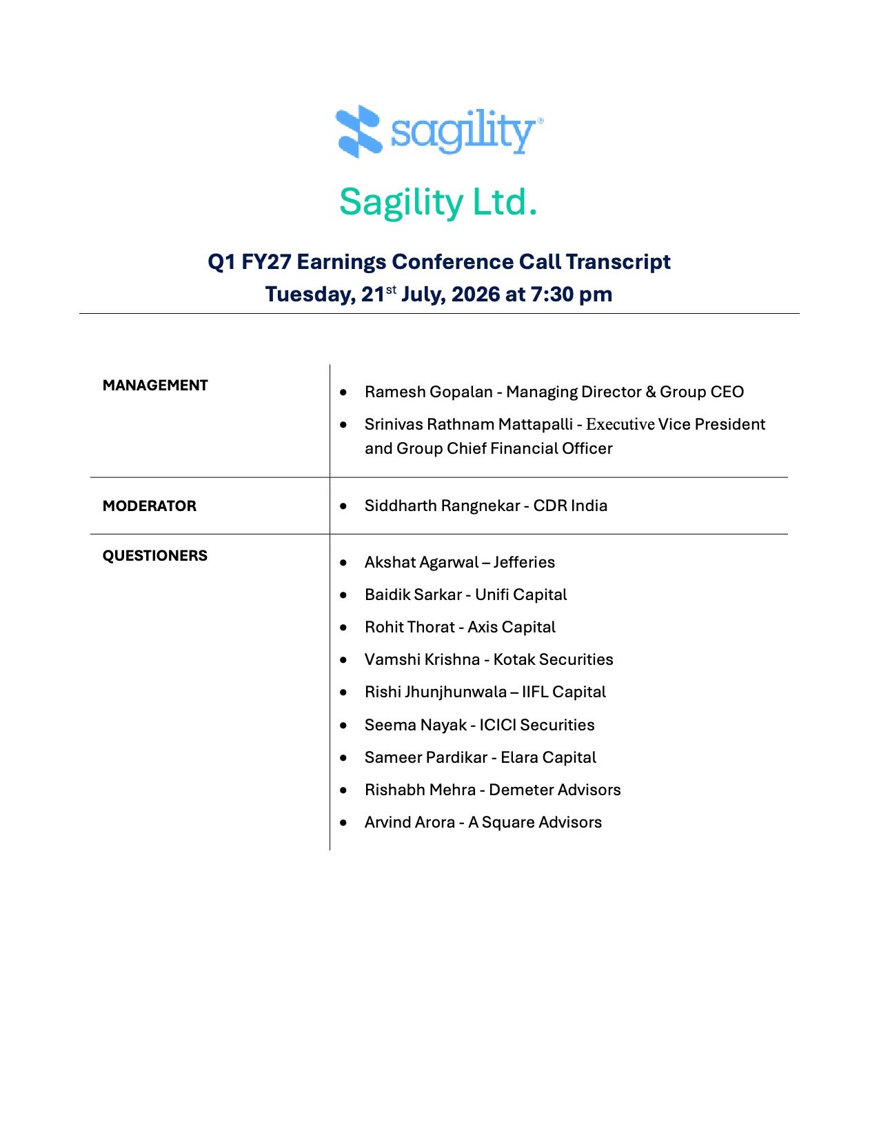     Sagility Earnings