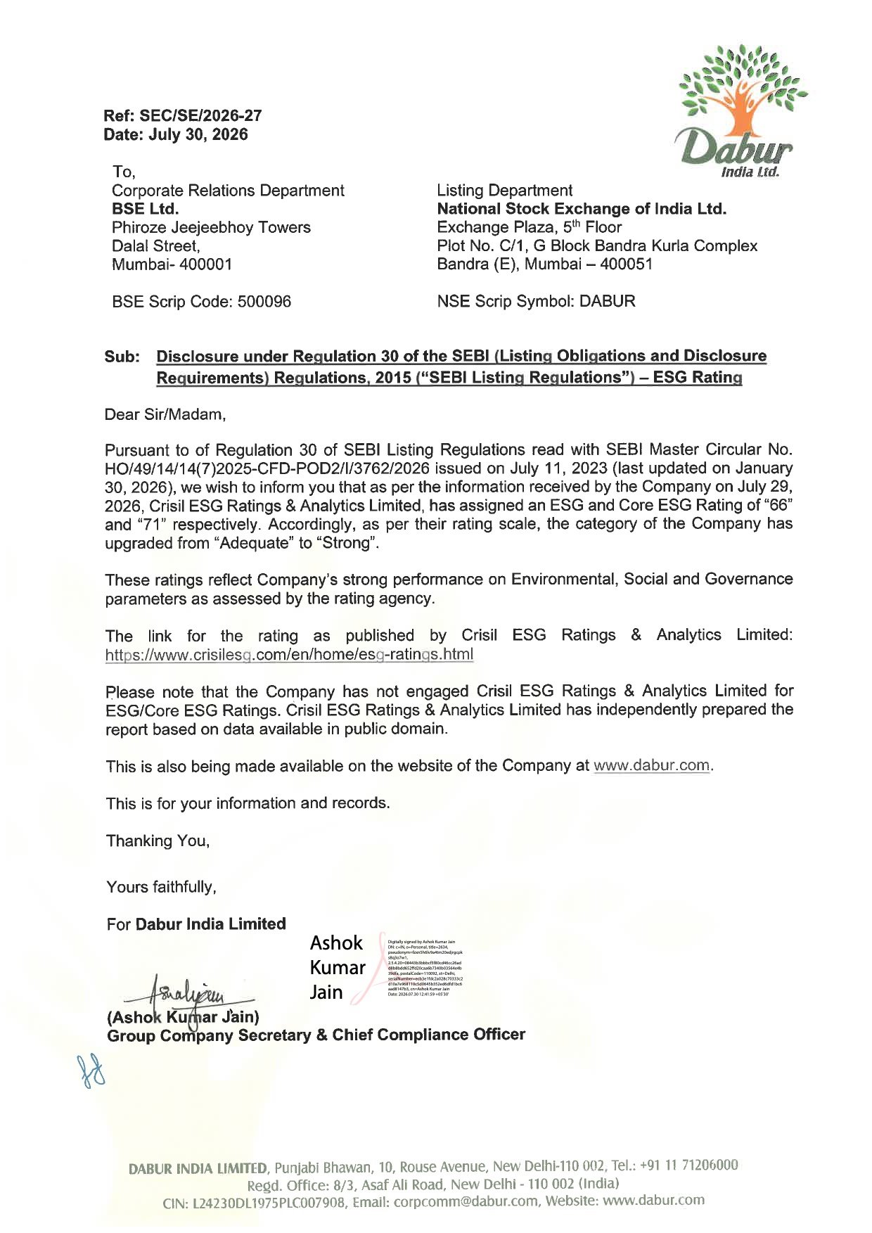 Dabur CRISIL ESG Rating Upgrade