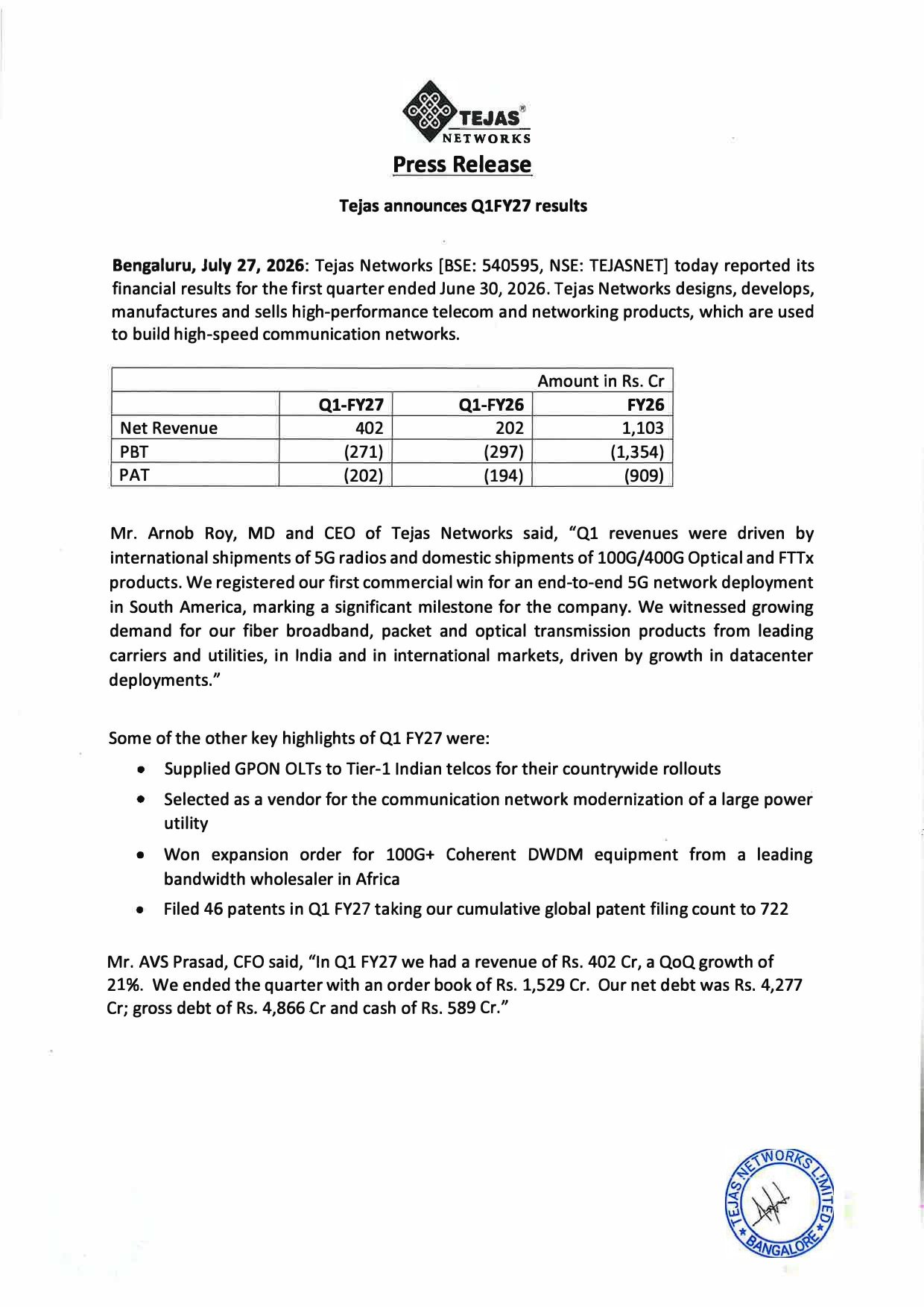 Tejas Networks Q1 FY27