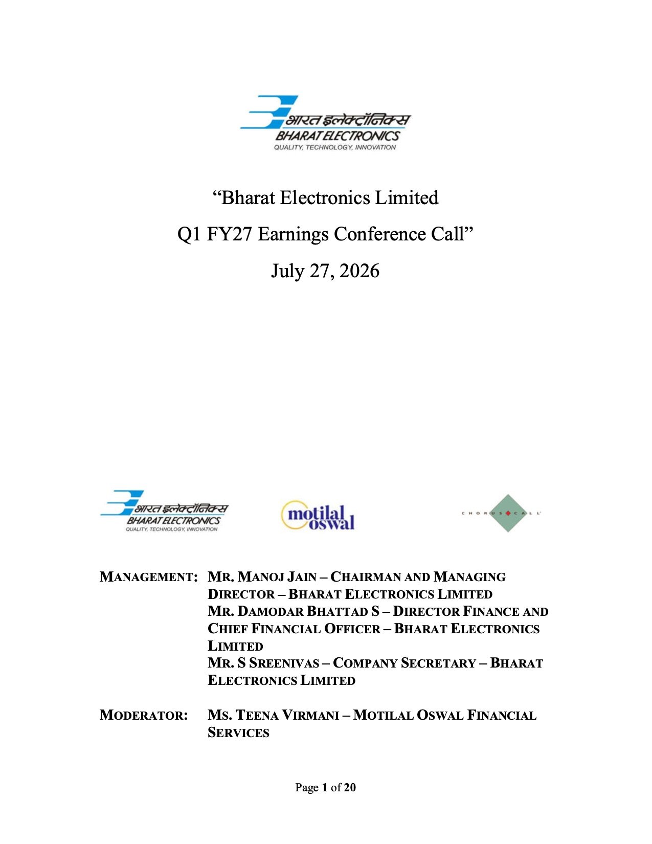 BEL Earnings FY27