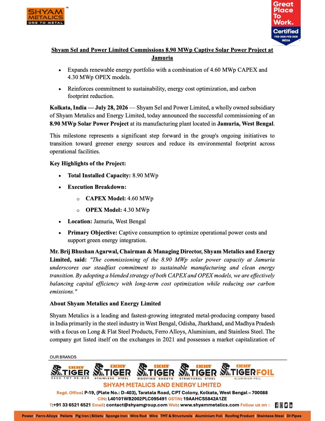 Shyam Metalics Solar Power Project