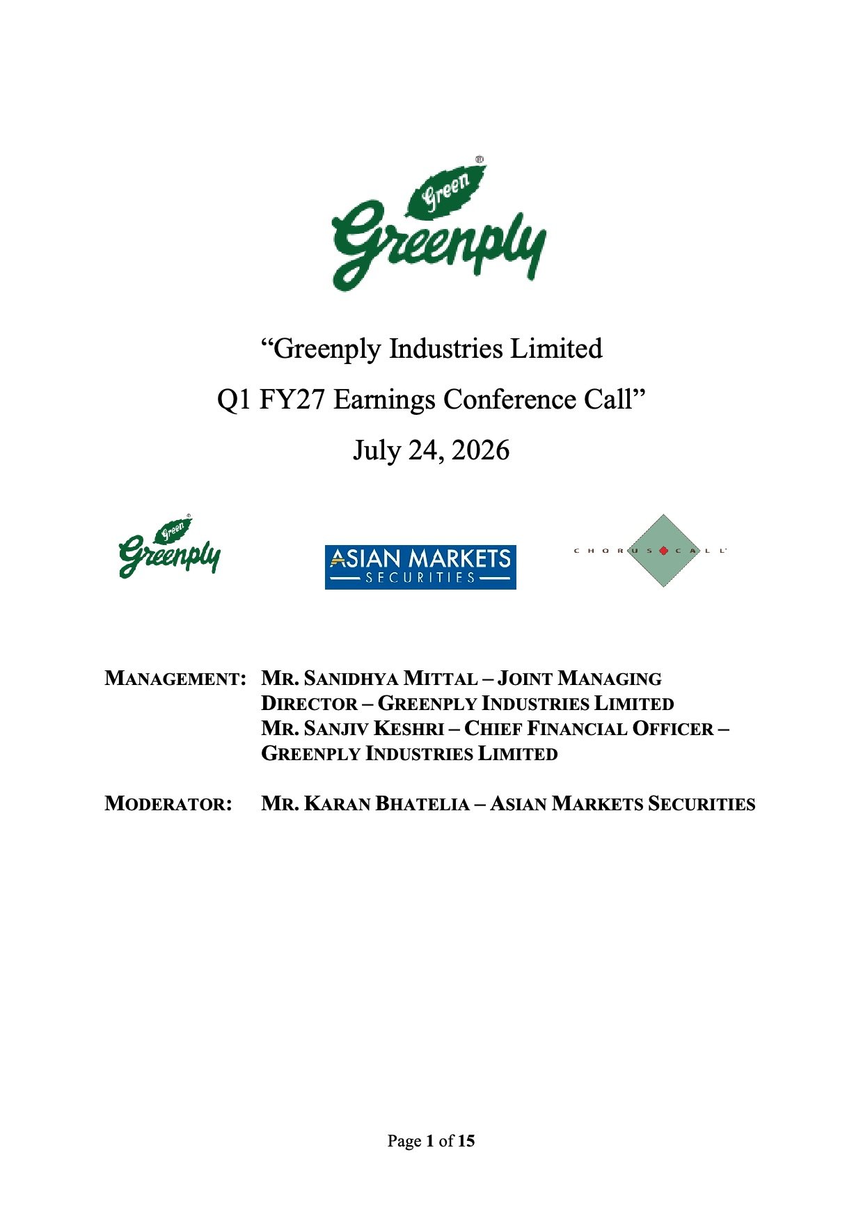 Greenply Q1 FY27 Earnings Call Transcript