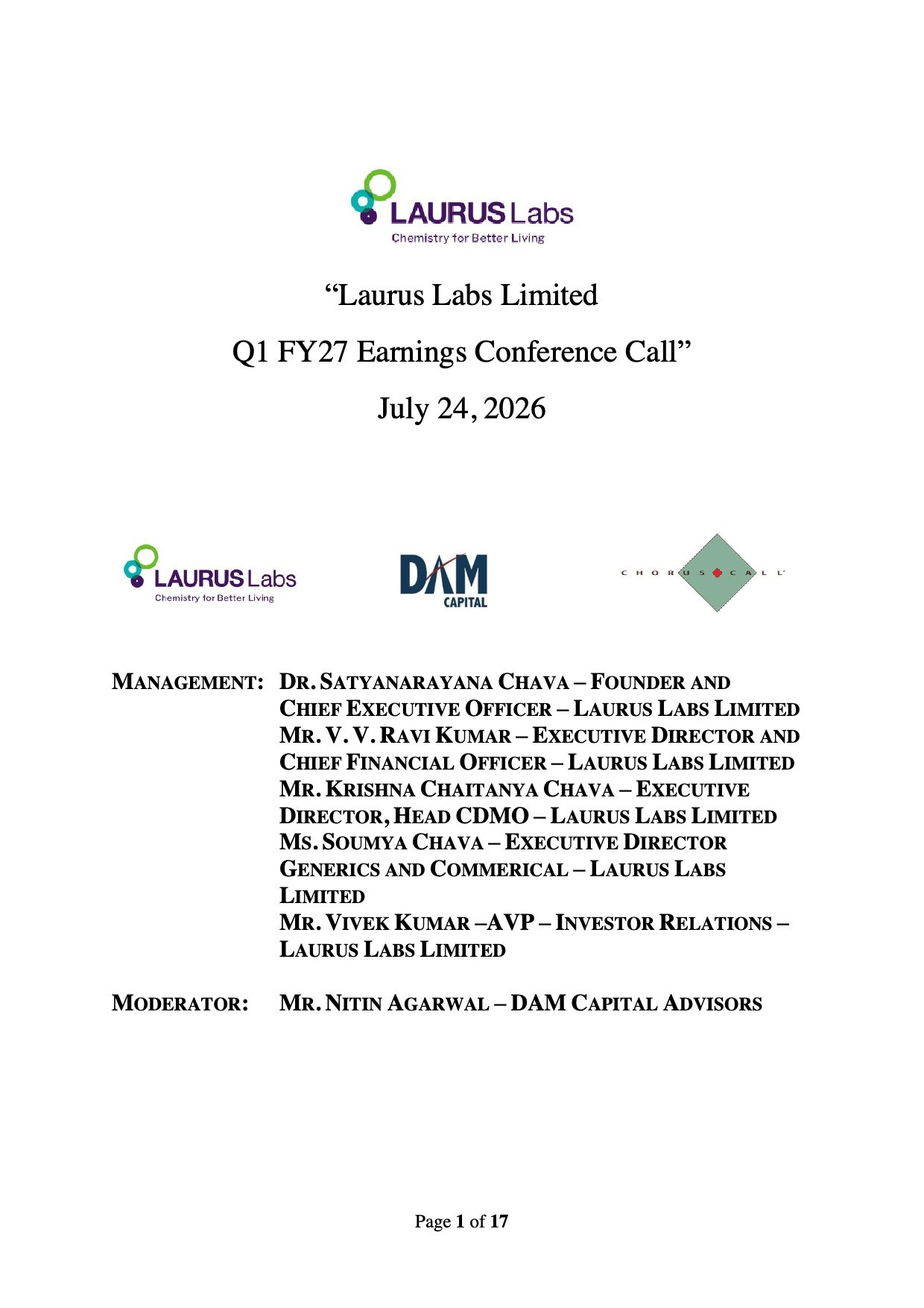 Laurus Labs Q1 FY27 Earnings Call