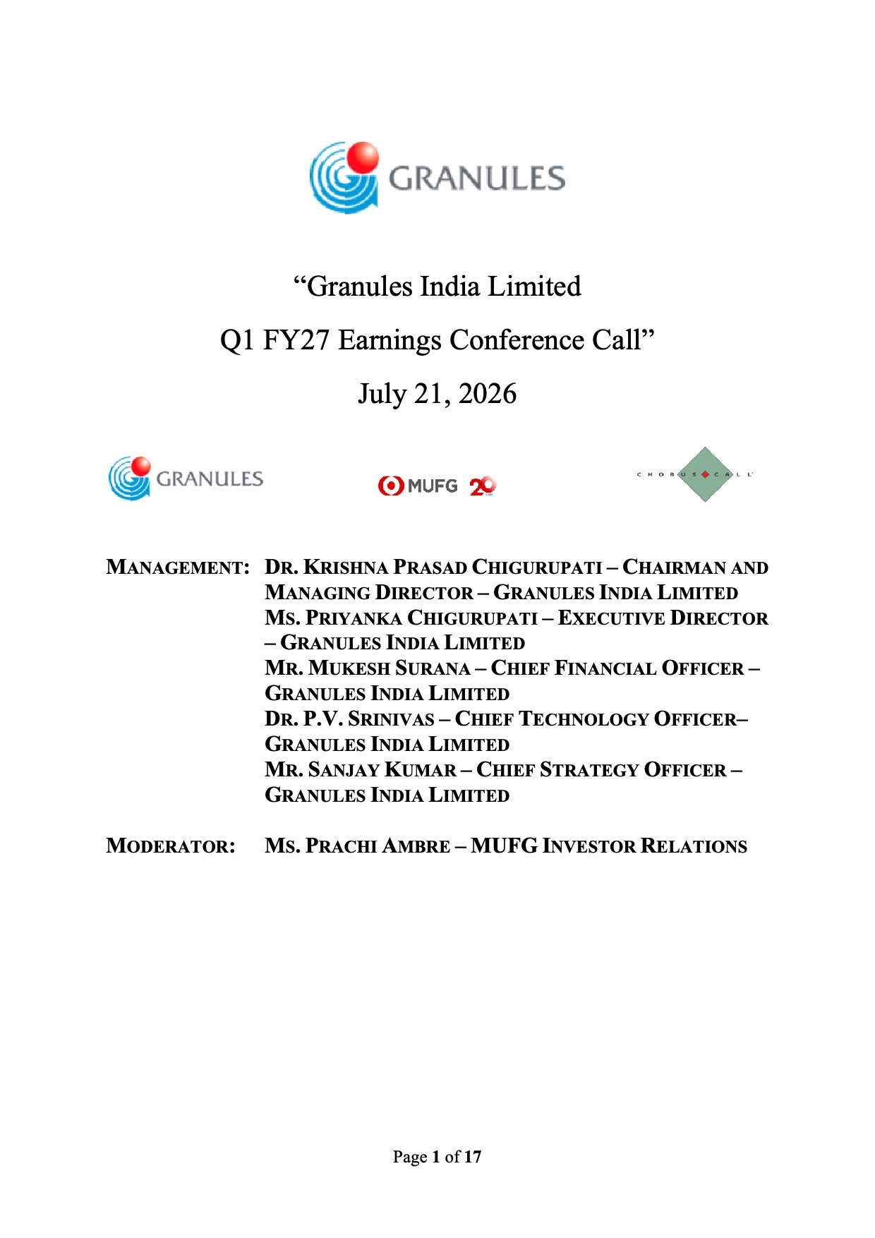 Granules India Q1 FY27 Earnings Call