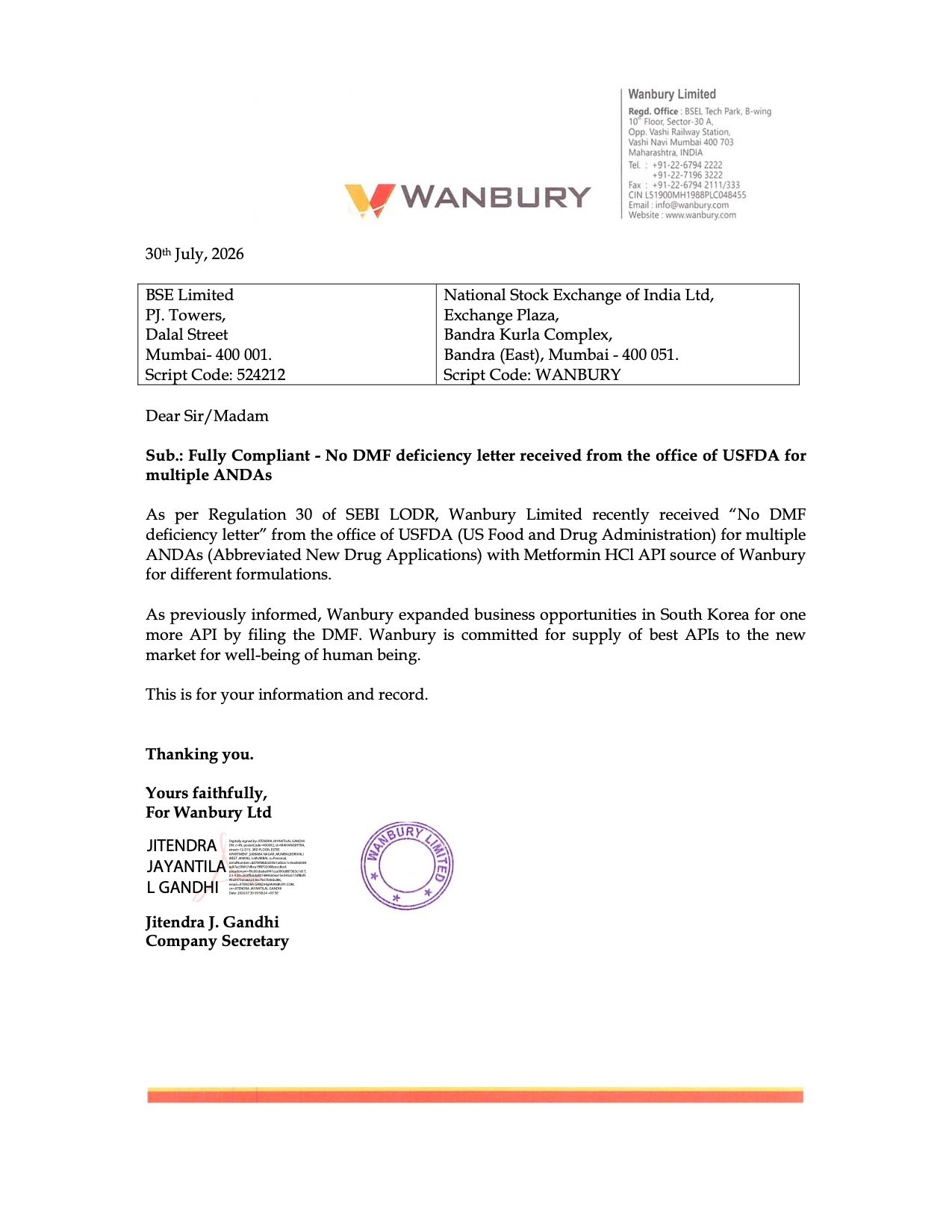 Wanbury USFDA DMF Compliance