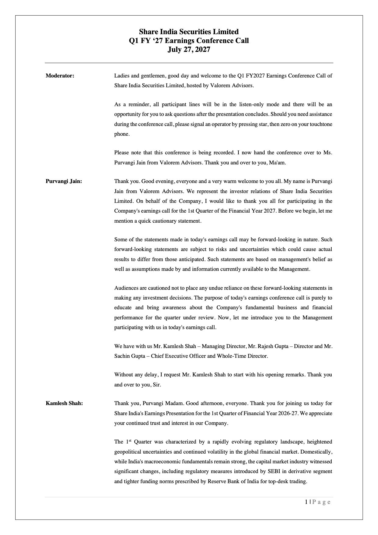 Share India Q1 FY27 Earnings Call
