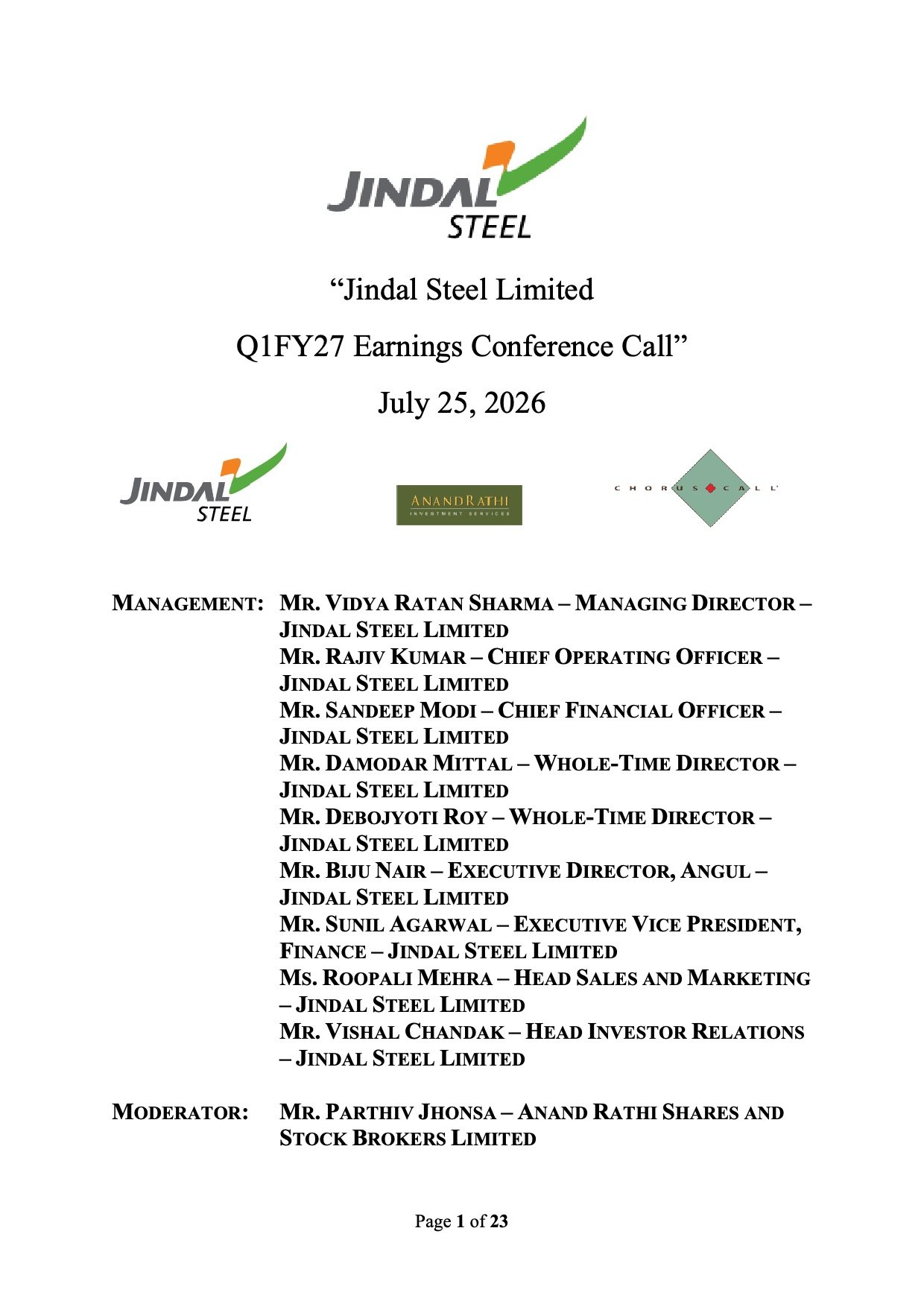 Jindal Steel Q1 FY27 Earnings Call