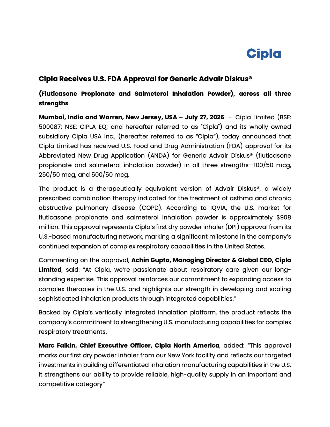 Cipla US FDA Approval for Generic Advair Diskus