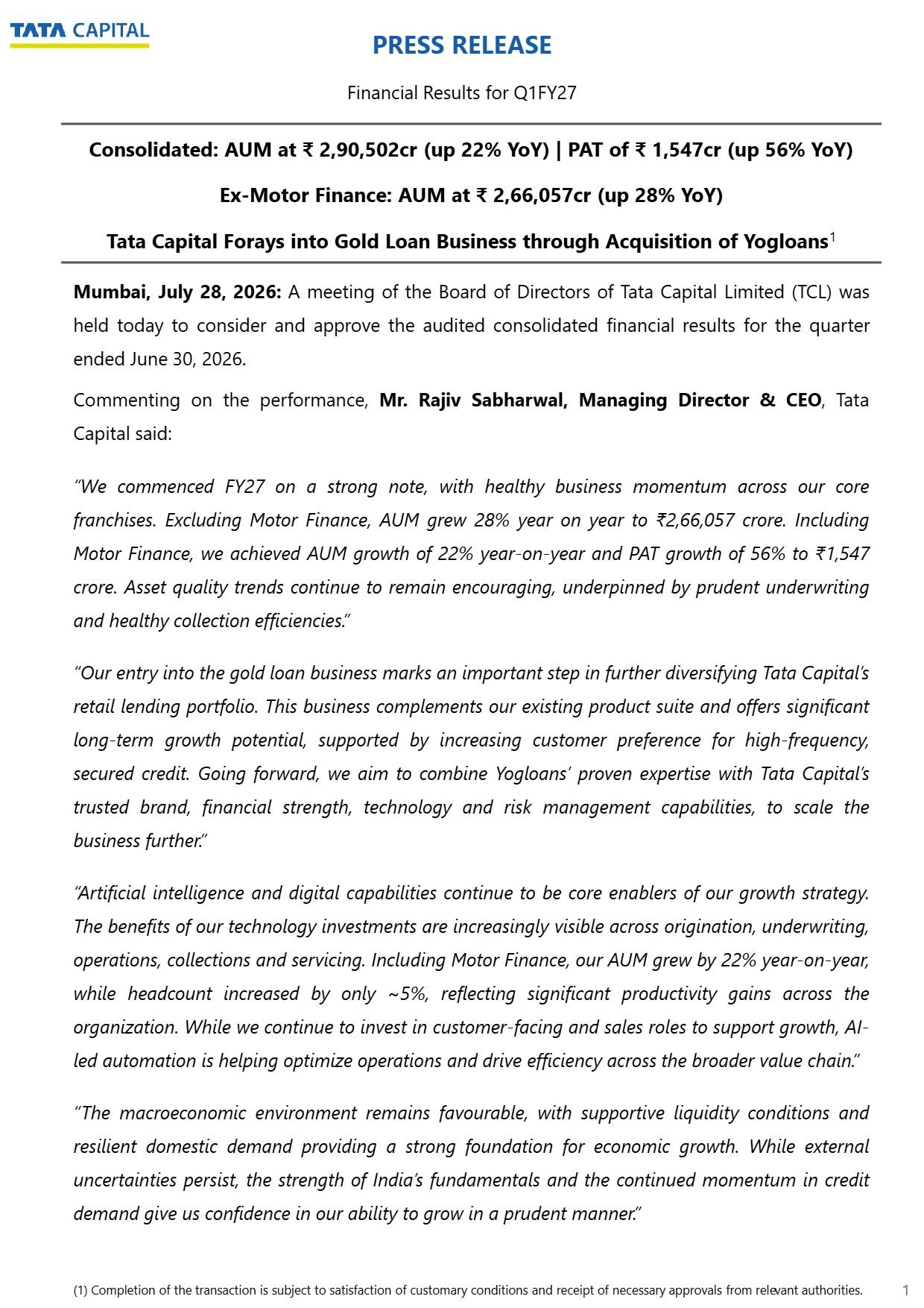 Tata Capital Q1 Results