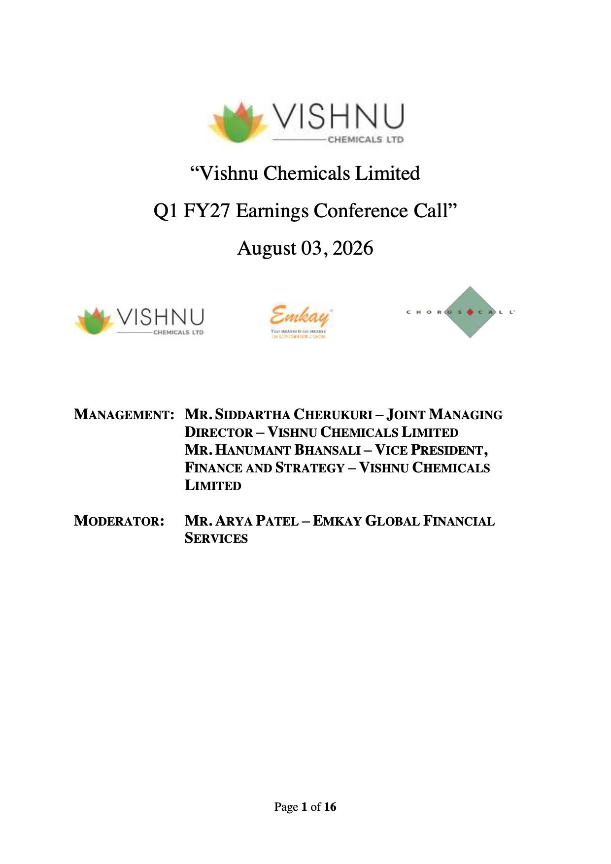 Vishnu Chemicals Q1 FY27 Earnings Call: Revenue Grows 25%, South Africa Restart and Specialty Chemicals Drive Growth Vishnu Chemicals Q1 FY27 Earnings Call