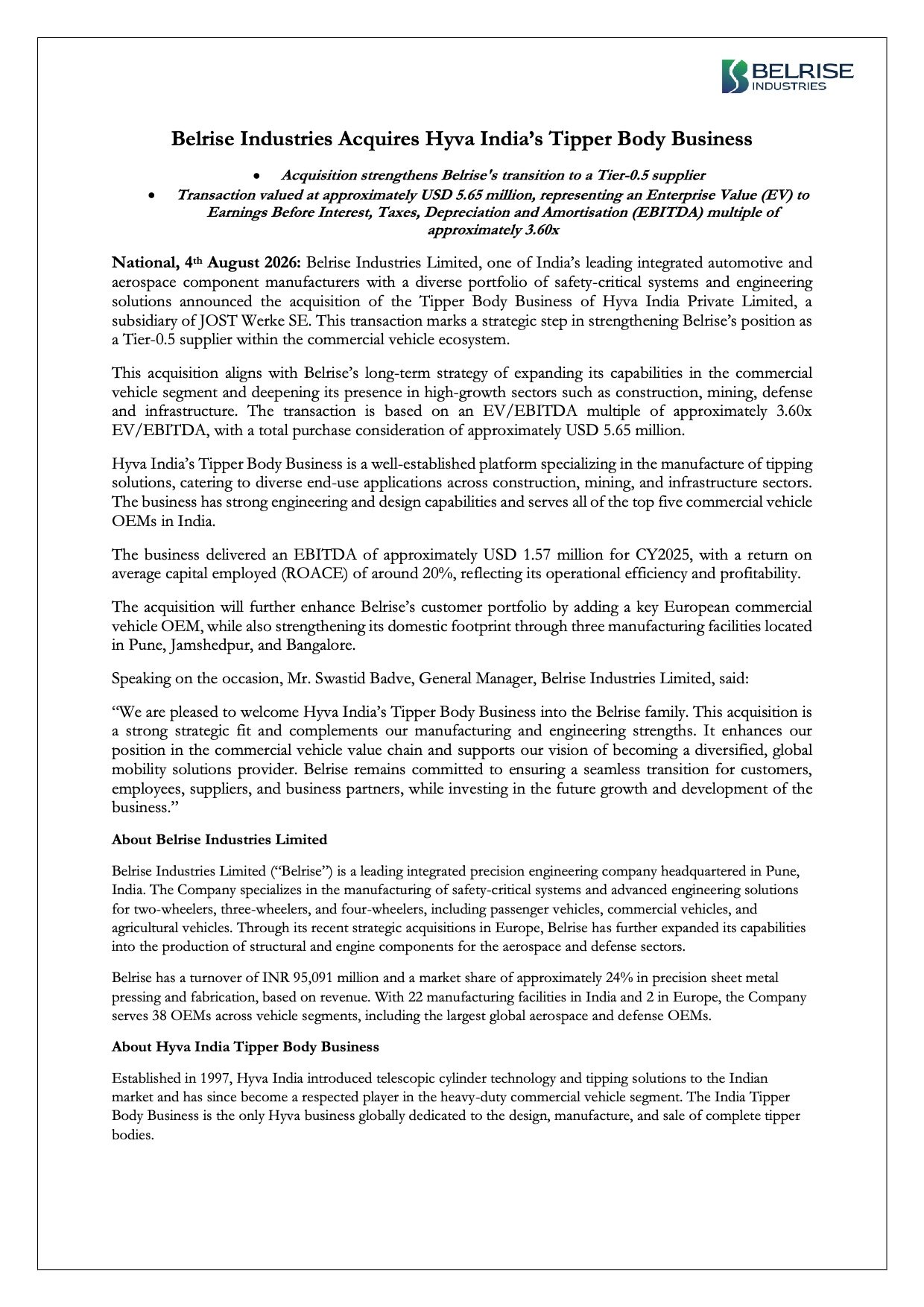 Belrise Industries Hyva India Tipper Body Acquisition: Acquires Business for USD 5.65 Million Belrise Industries Hyva India Tipper Body Acquisition