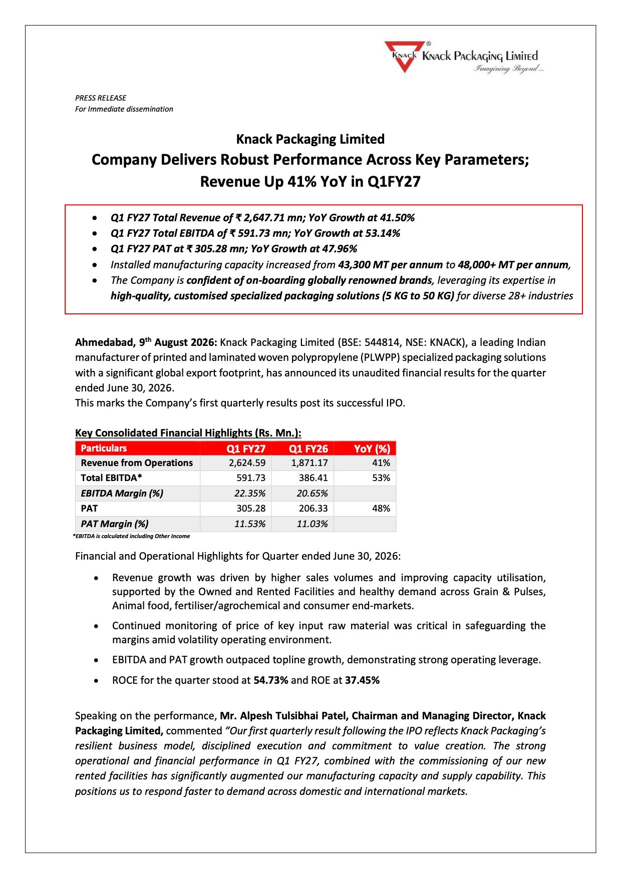 Knack Packaging Q1 FY27 Results
