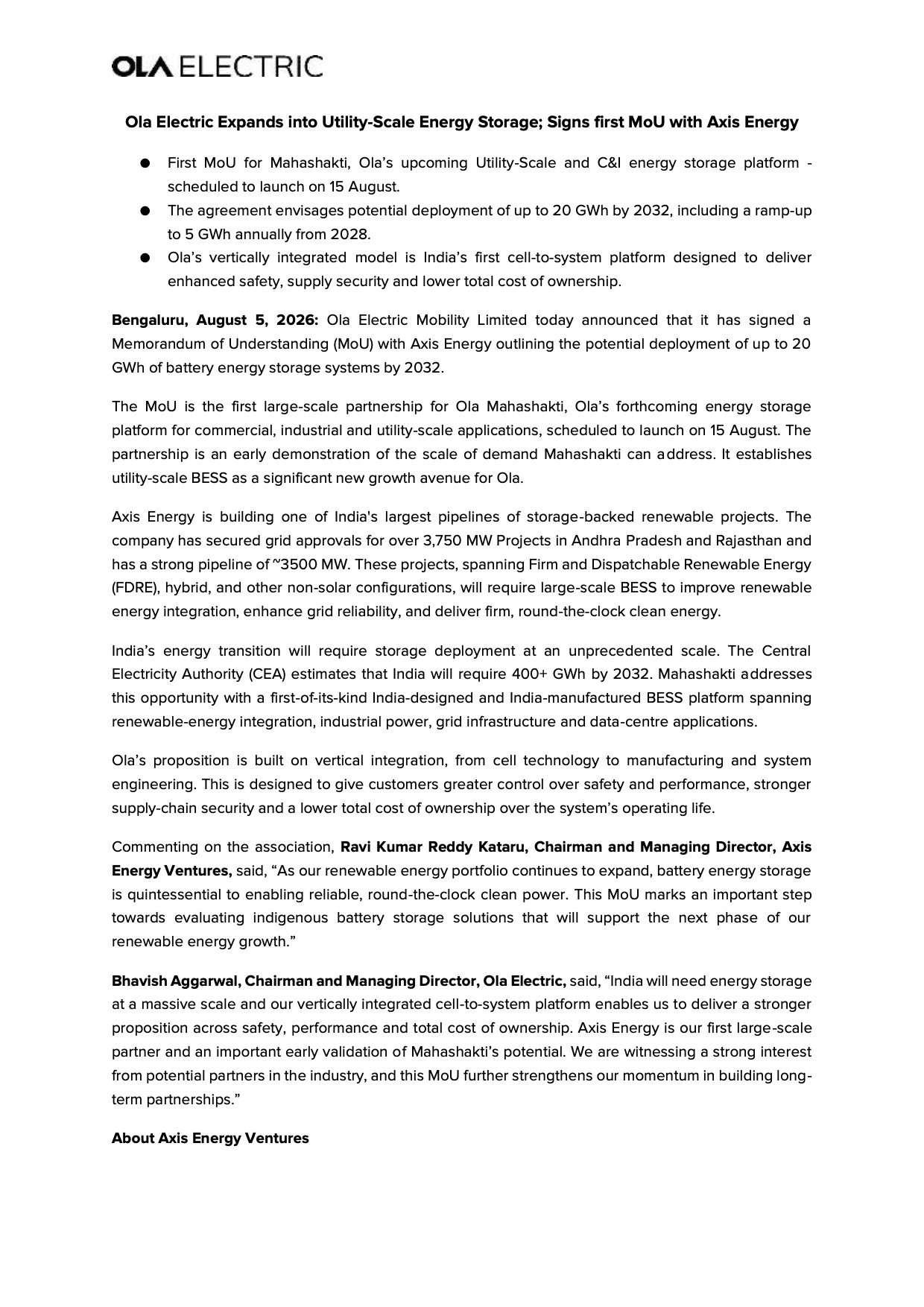 Ola Electric Axis Energy MoU: Targets Up to 20 GWh Utility-Scale Energy Storage Deployment by 2032 Ola Electric Axis Energy MoU