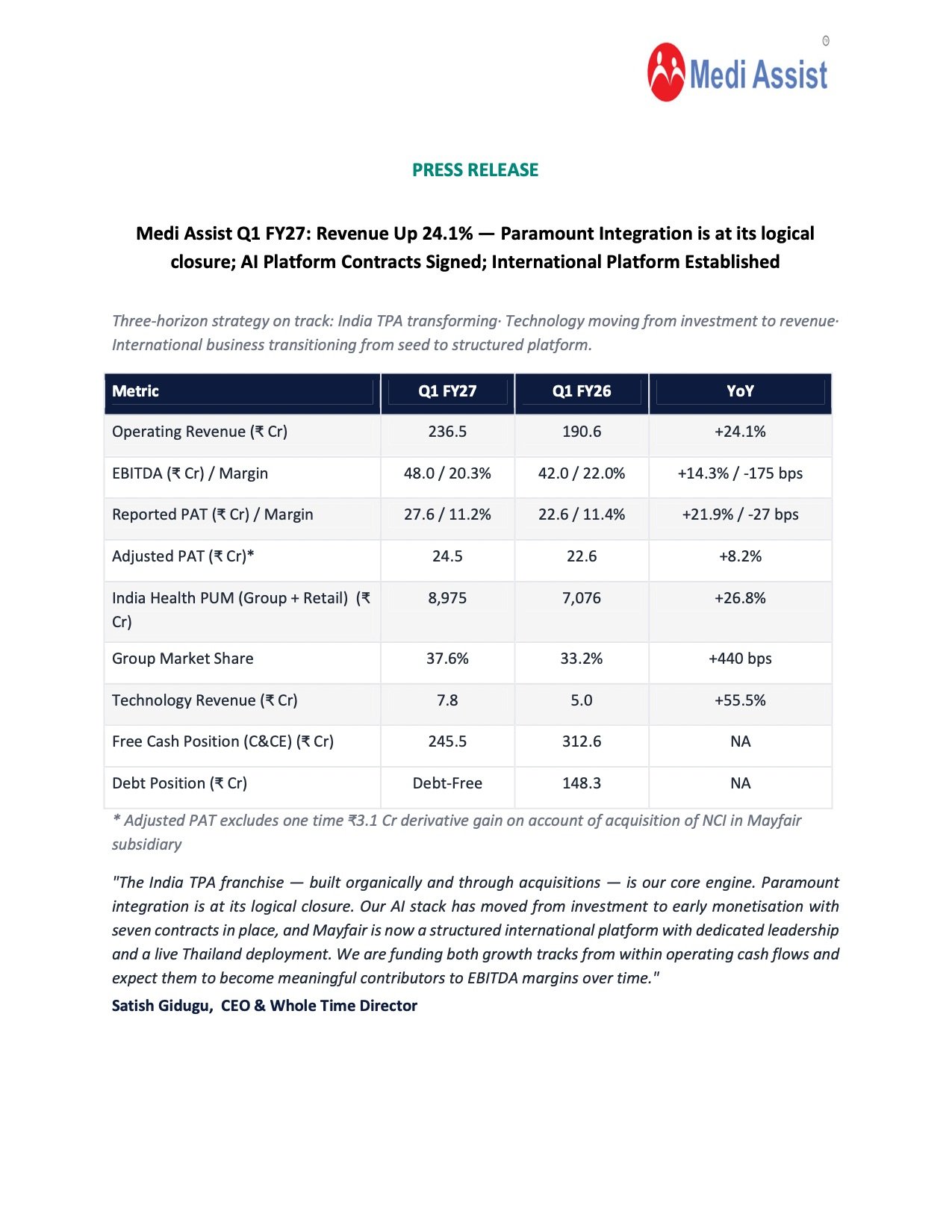Medi Assist Q1 FY27 Results