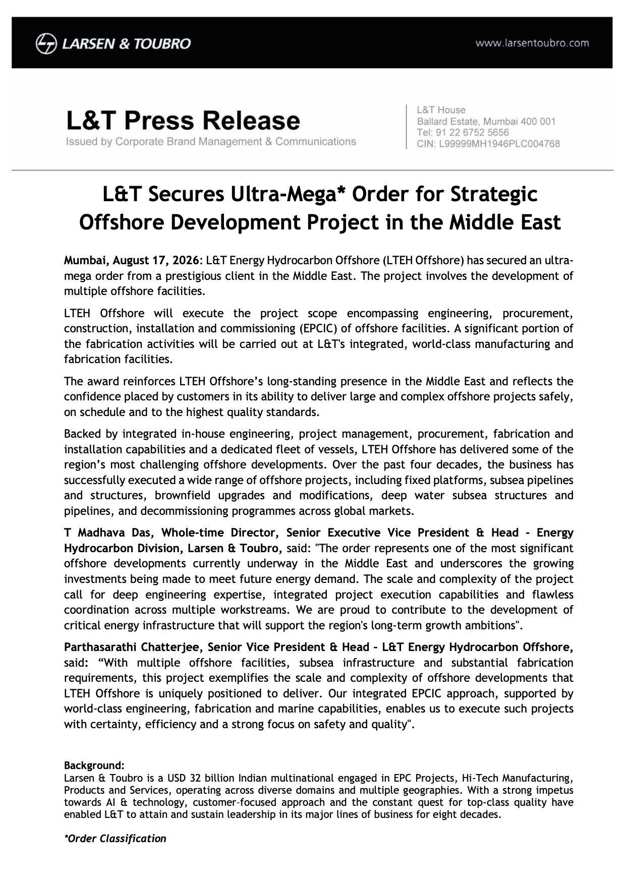 L&T Ultra-Mega Middle East Order