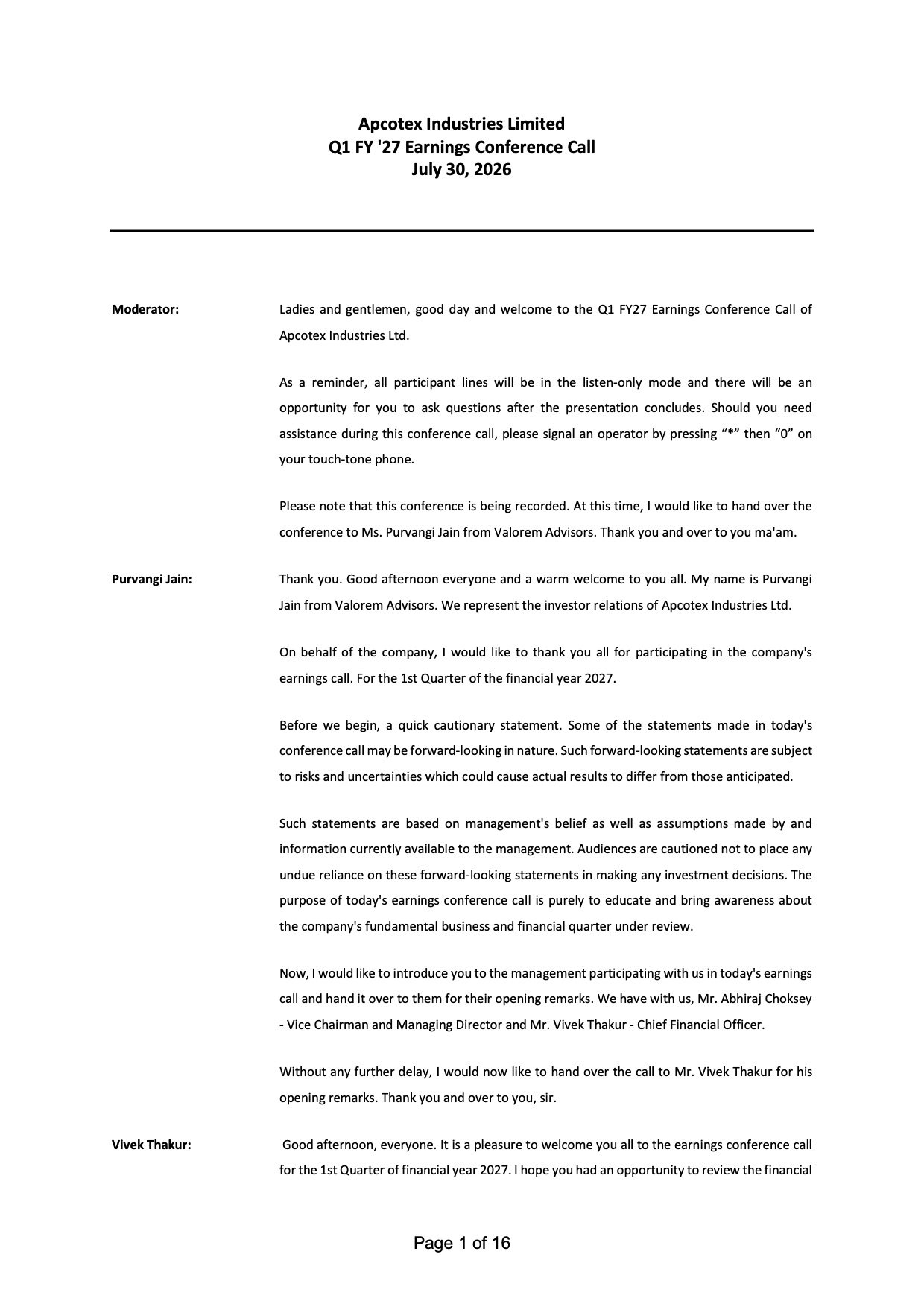 Apcotex Q1 FY27 Earnings Call