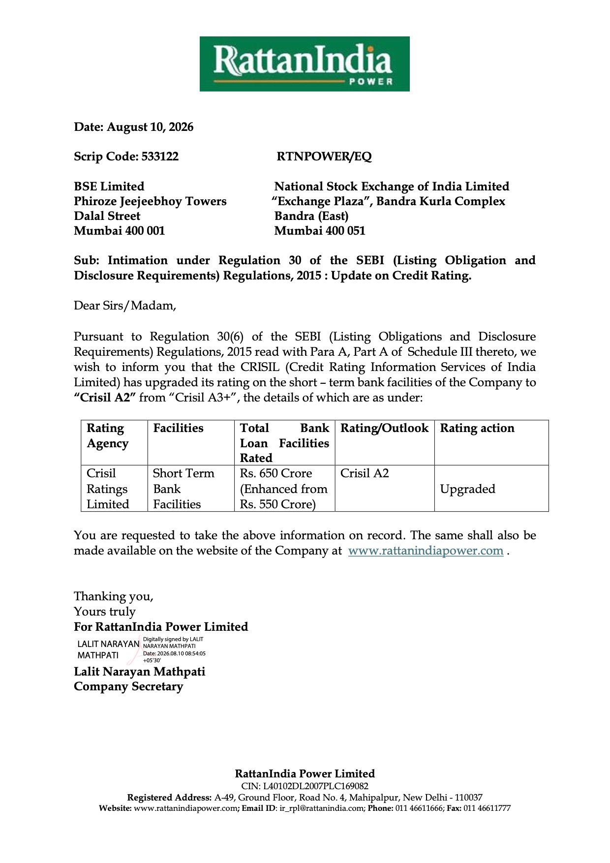 RattanIndia Power Credit Rating Upgrade