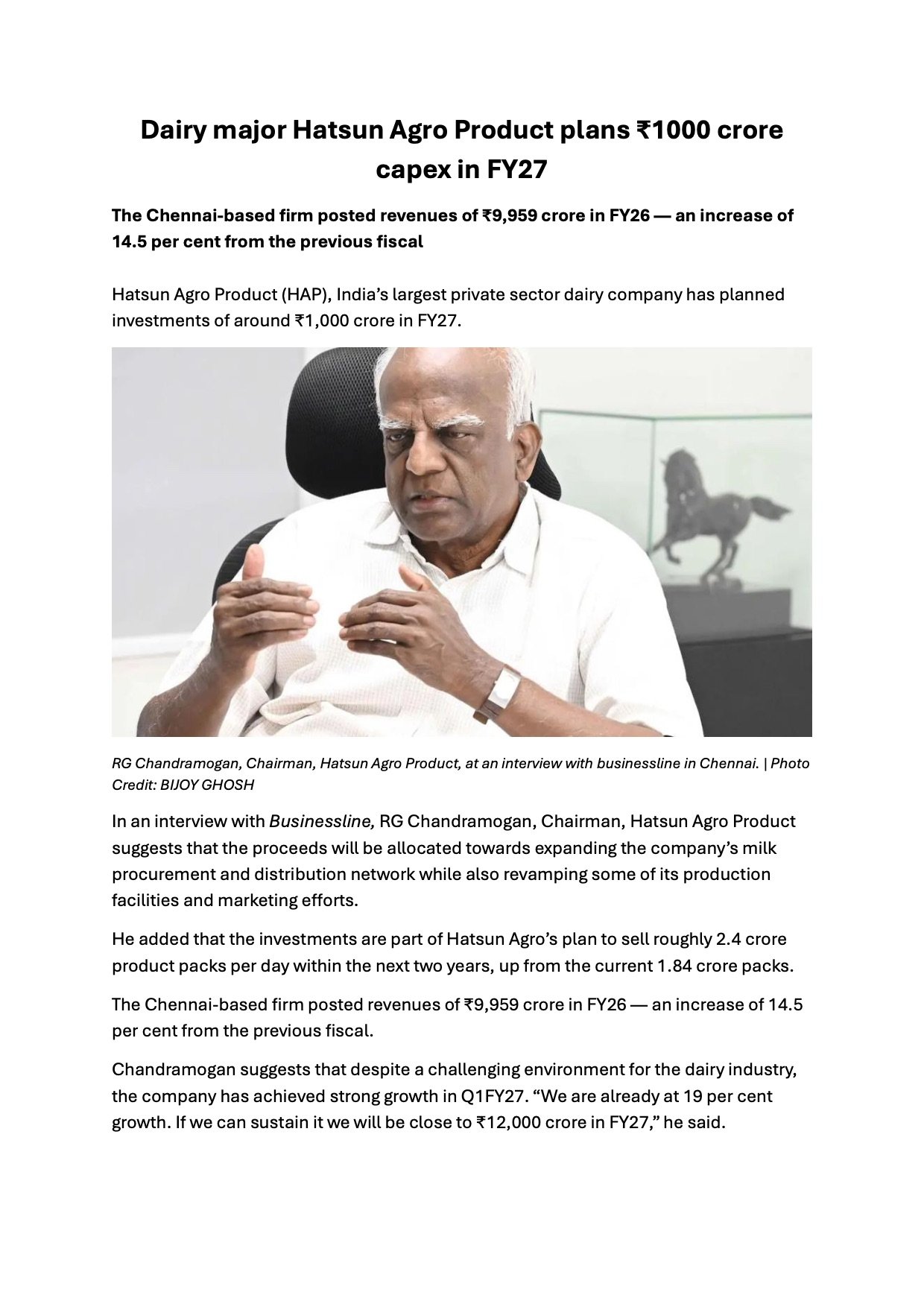 Hatsun Agro ₹1,000 Crore Capex Plan: Targets ₹12,000 Crore Revenue with Production Expansion Hatsun Agro ₹1000 Crore Capex Plan