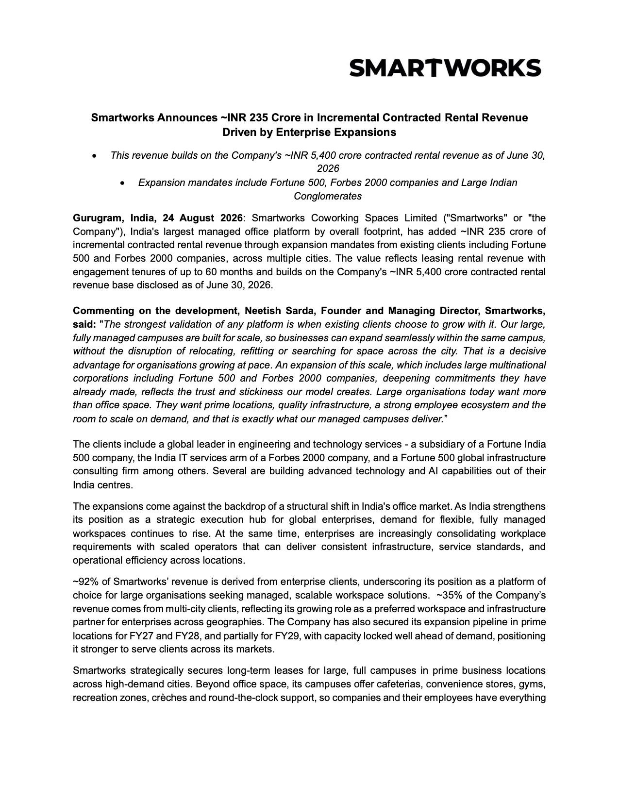 Smartworks contracted rental revenue