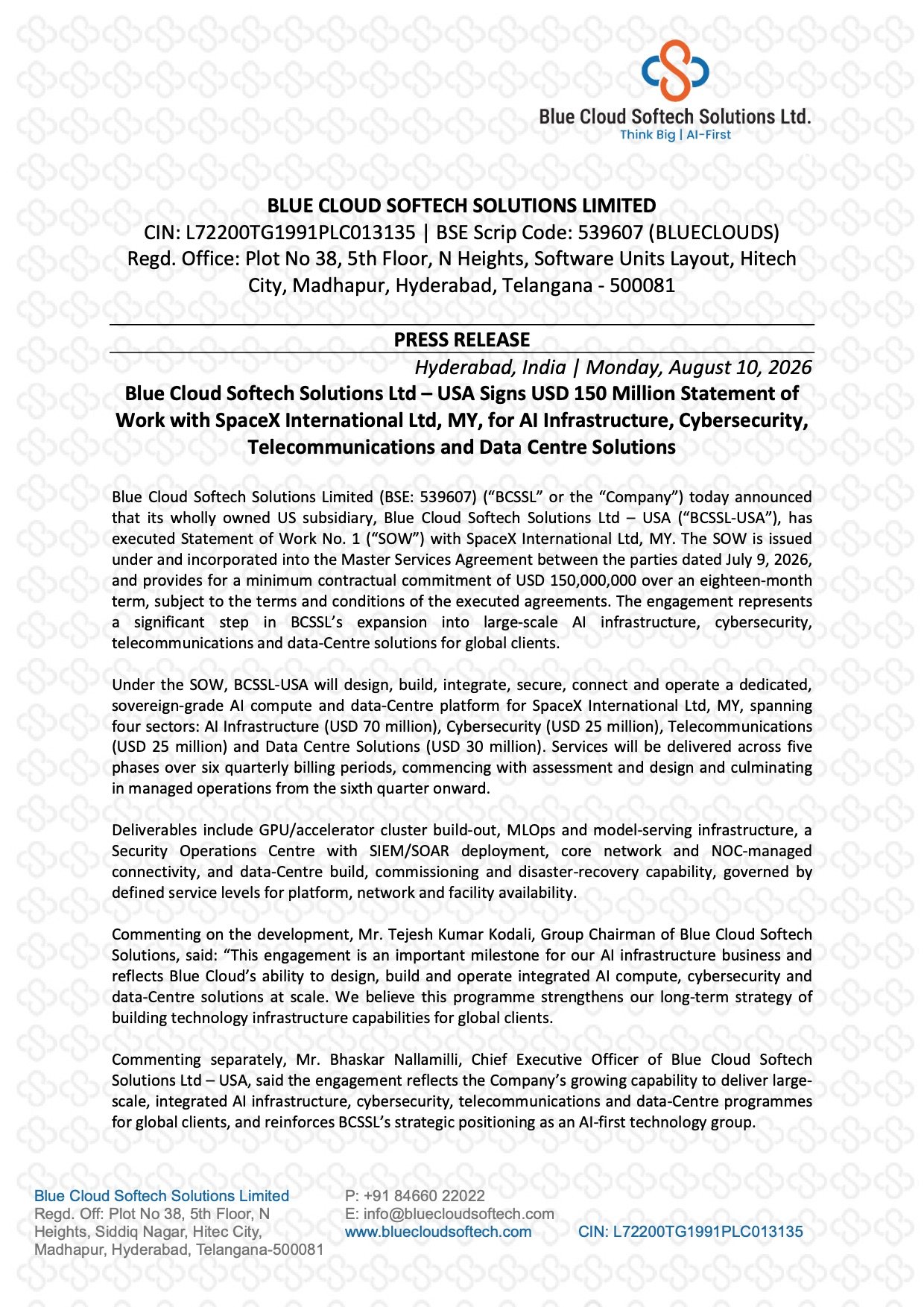 Blue Cloud Softech SpaceX Order: Signs USD 150 Million SOW for AI Infrastructure and Data Centre Solutions Blue Cloud Softech SpaceX Order