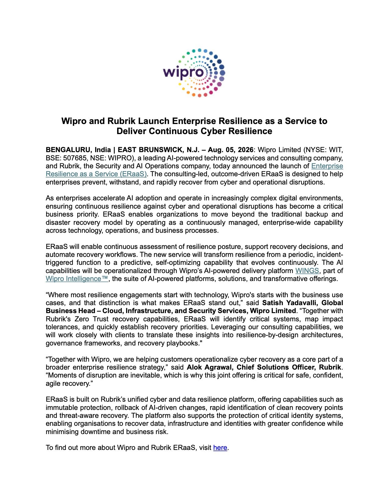 Wipro and Rubrik Launch Enterprise Resilience as a Service to Strengthen Cyber Resilience Wipro Limited