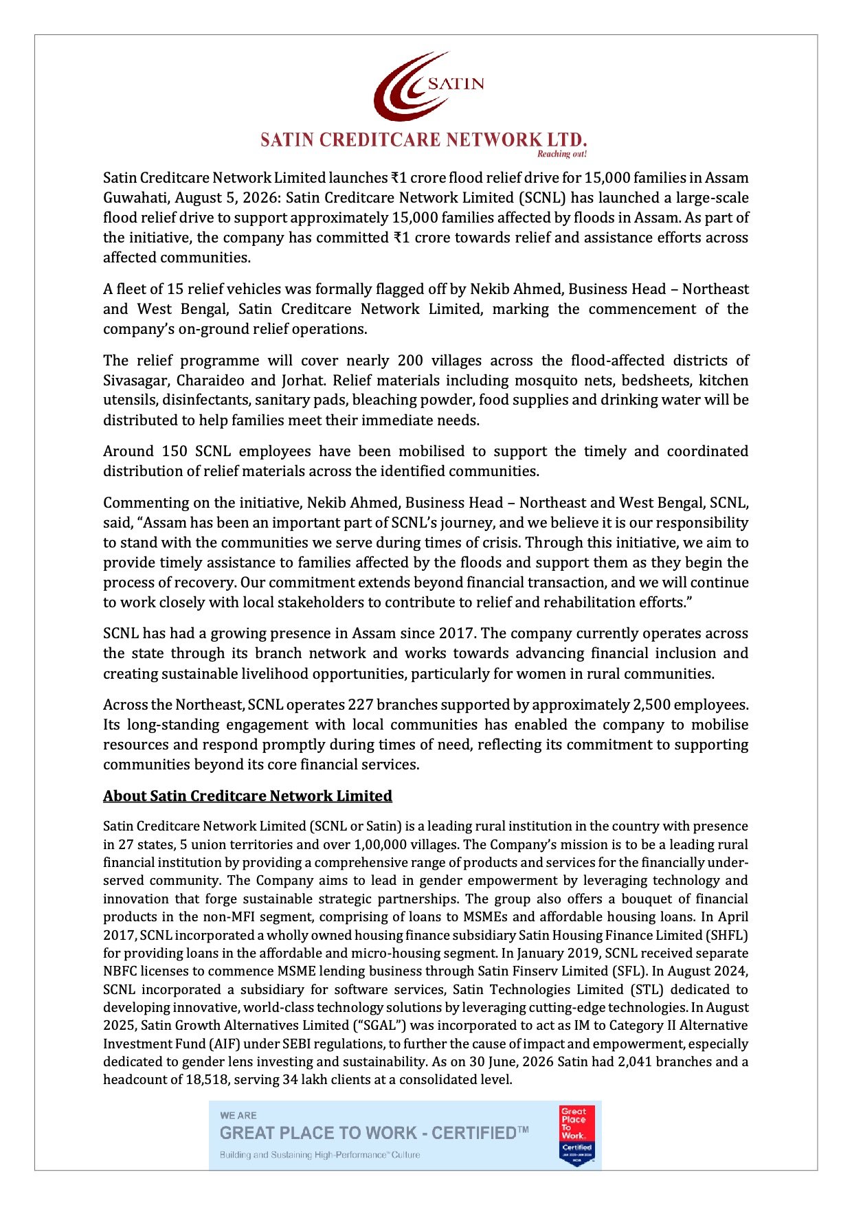 Satin Creditcare Assam Flood Relief