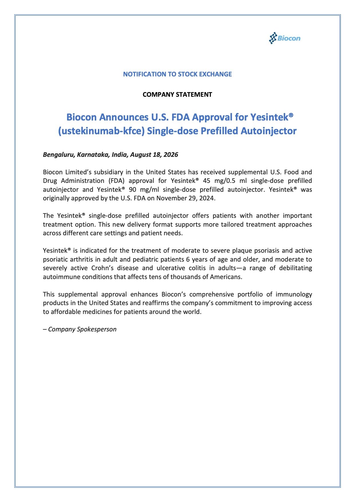 Yesintek U.S. FDA approval