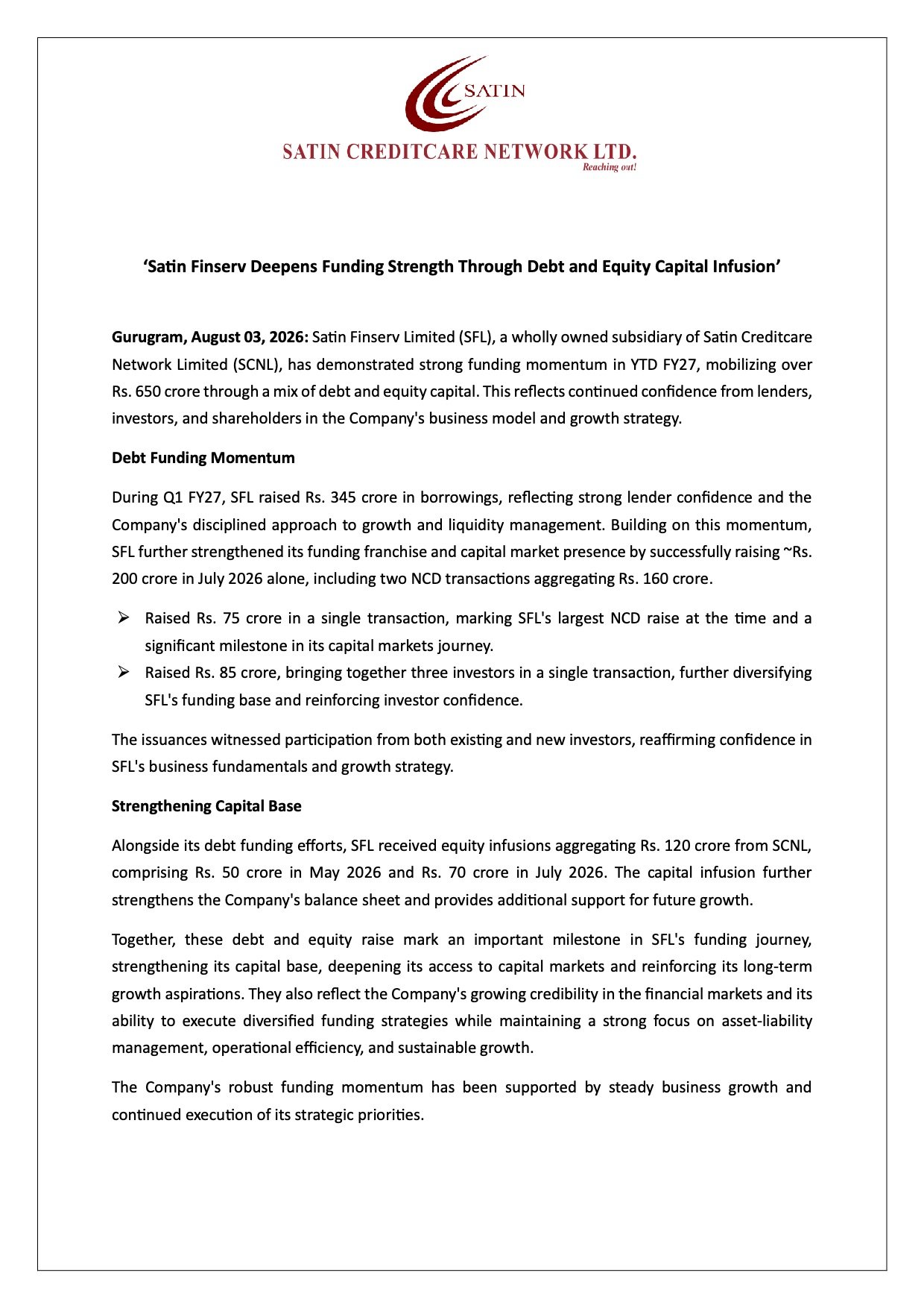 Satin Finserv Funding Update: Raises Over ₹650 Crore Through Debt and Equity in FY27 Satin Finserv Funding Update