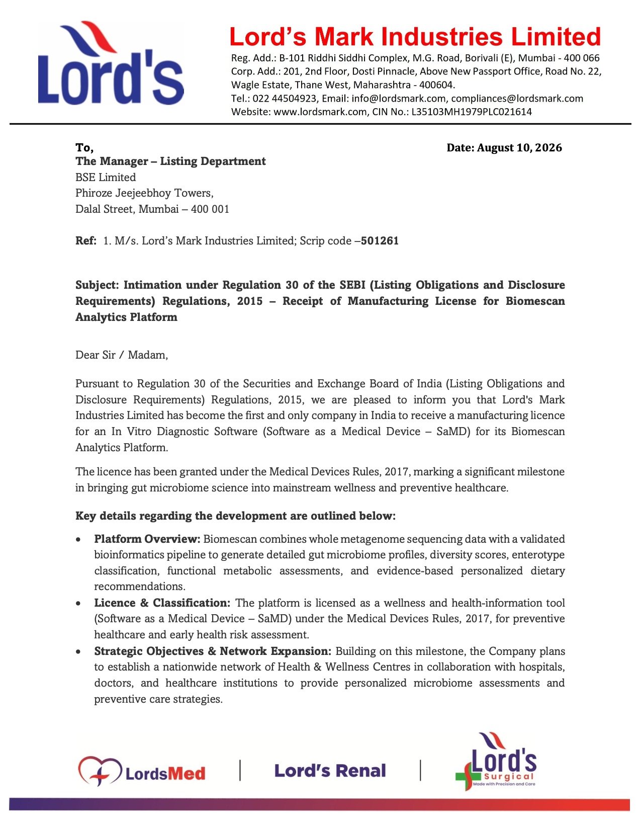 Lord’s Mark Industries Biomescan License: Receives Manufacturing Licence for SaMD Platform Lord’s Mark Industries Biomescan License