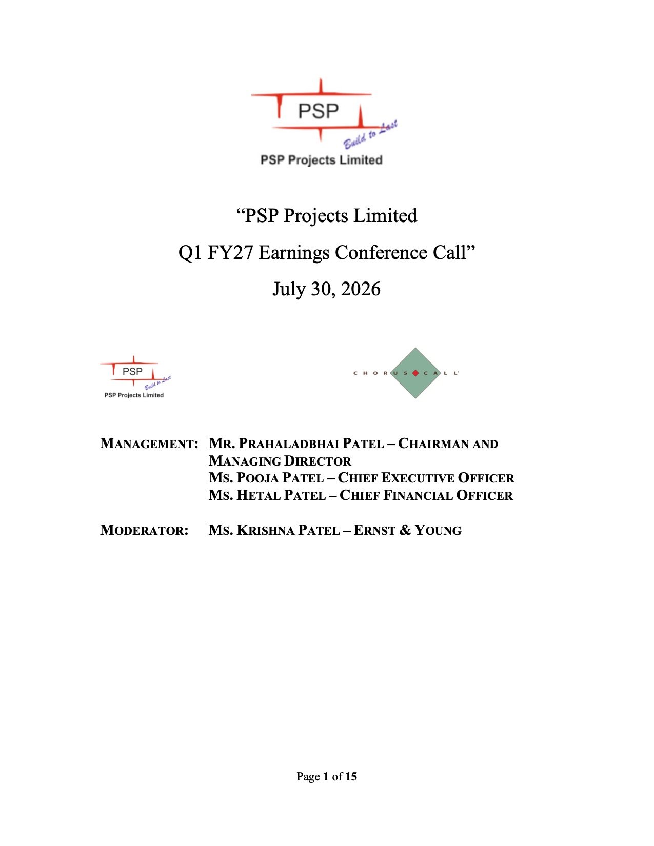 PSP Projects Q1 FY27 Earnings Call